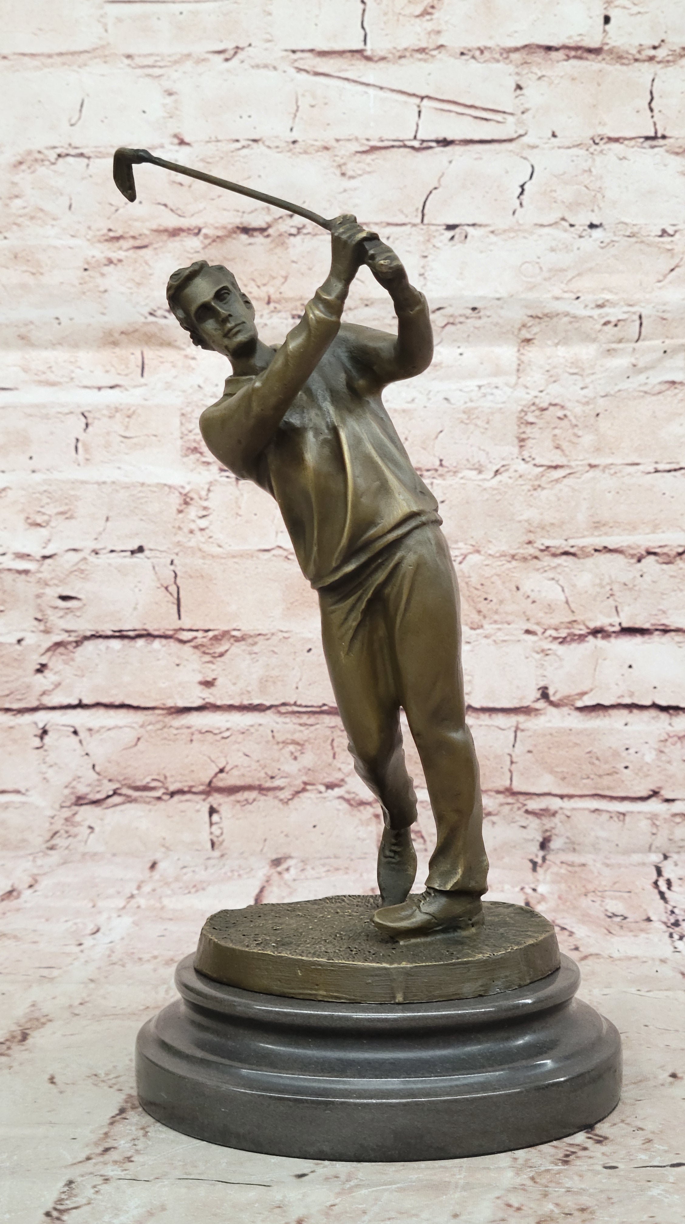 HAPPY GOLFER TEE OFF 100% SOLID BRONZE SCULPTURE MARBLE BASE FIGURINE FIGURE