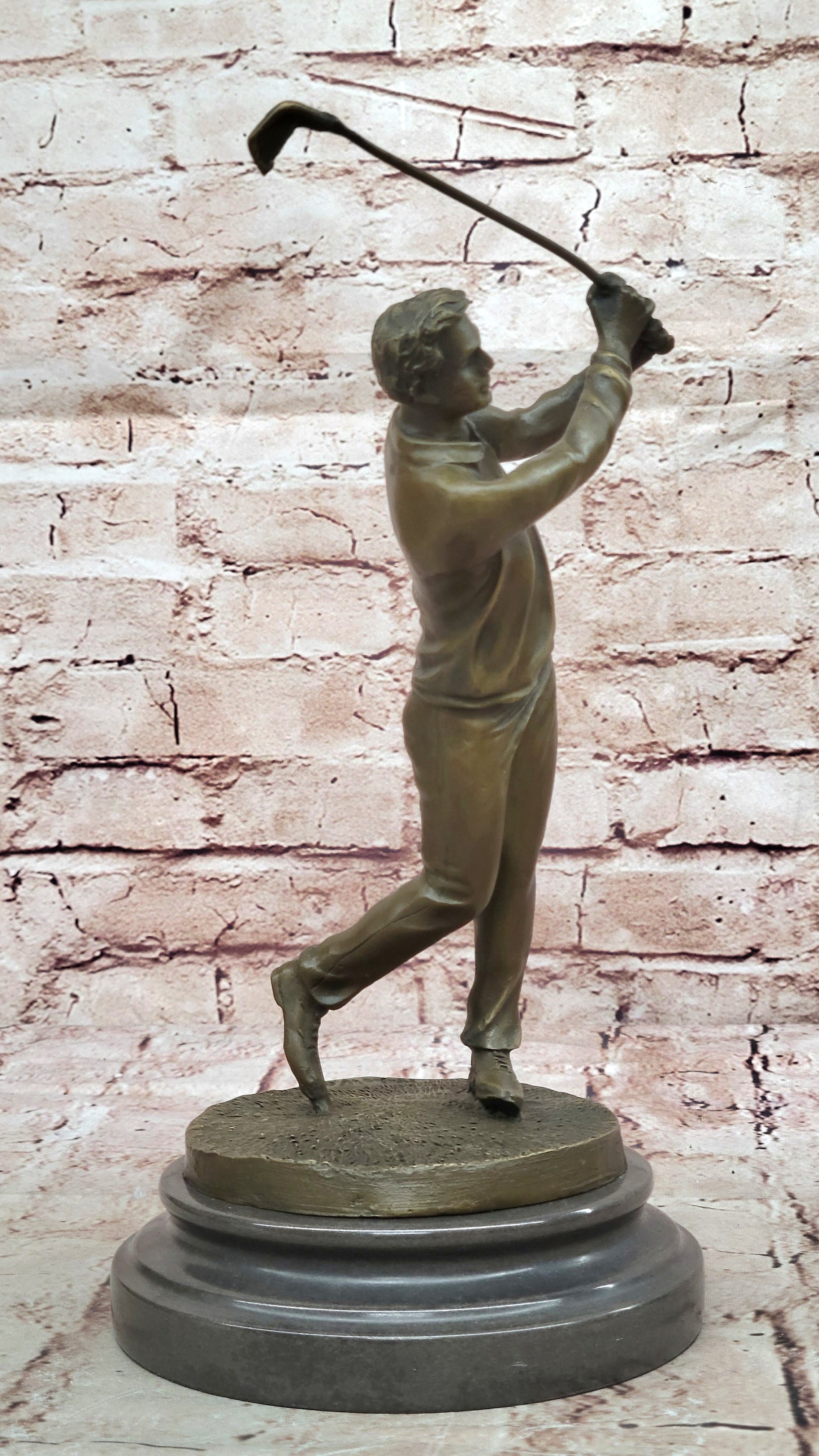 HAPPY GOLFER TEE OFF 100% SOLID BRONZE SCULPTURE MARBLE BASE FIGURINE FIGURE