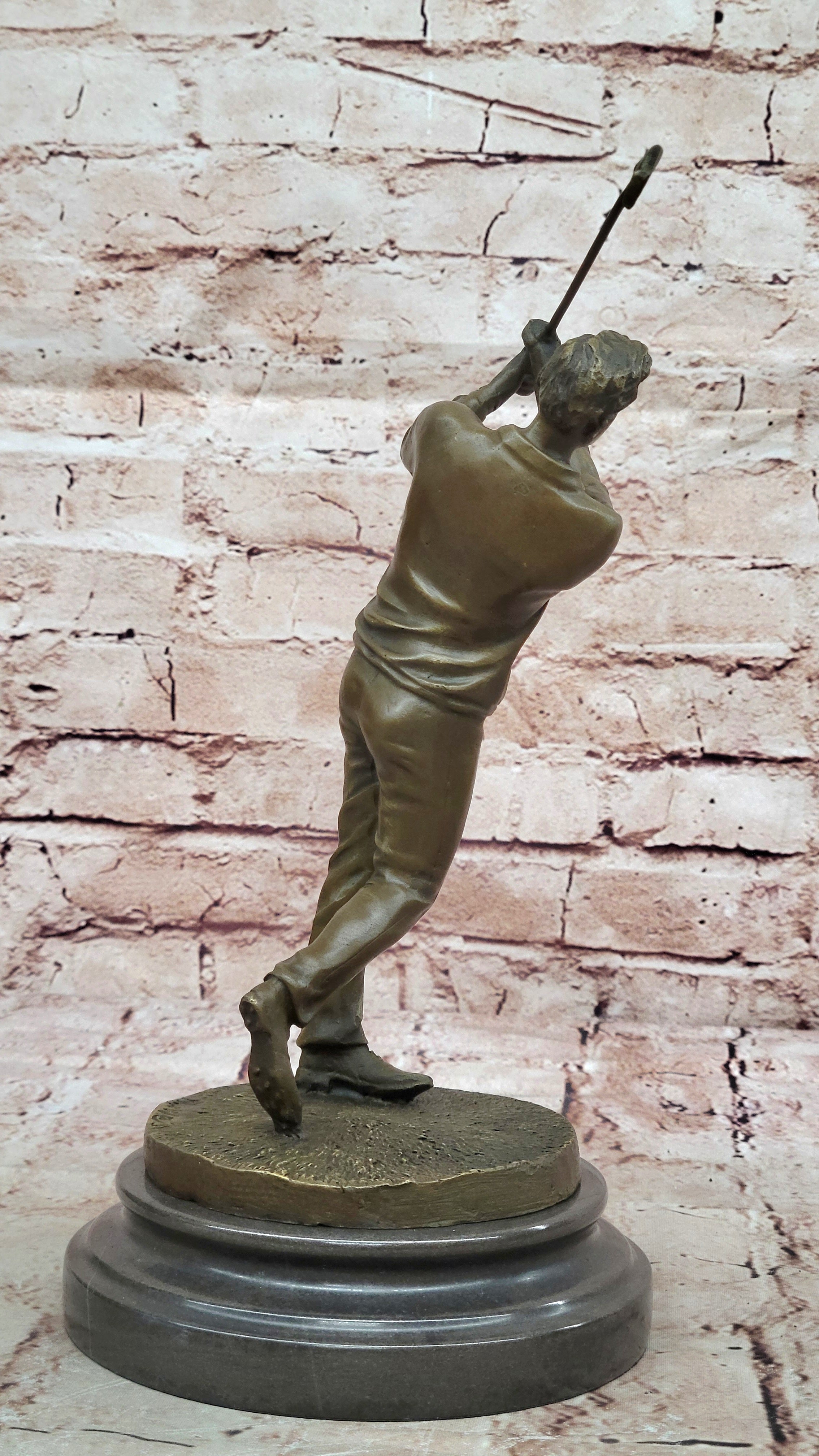 HAPPY GOLFER TEE OFF 100% SOLID BRONZE SCULPTURE MARBLE BASE FIGURINE FIGURE
