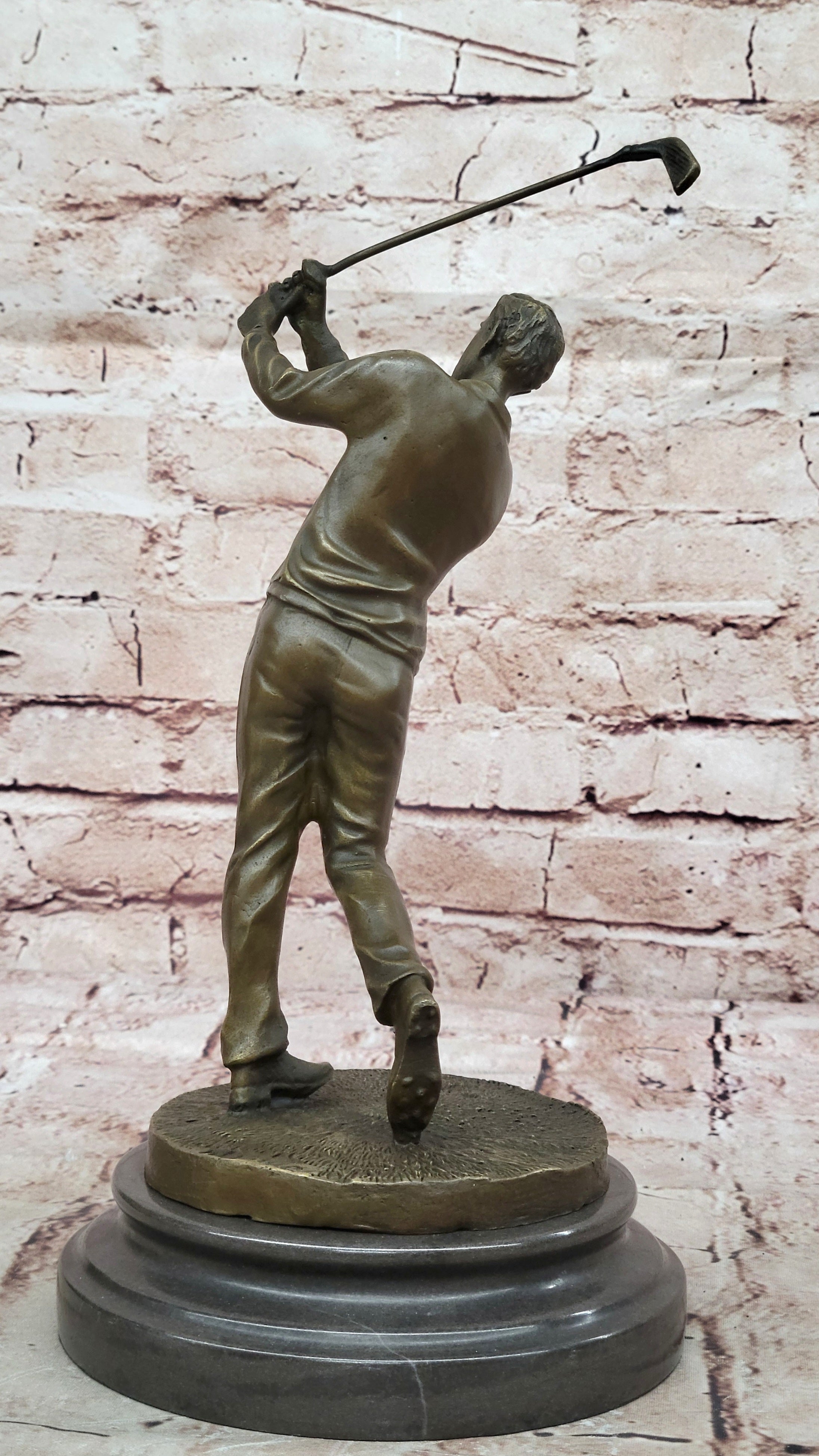 HAPPY GOLFER TEE OFF 100% SOLID BRONZE SCULPTURE MARBLE BASE FIGURINE FIGURE
