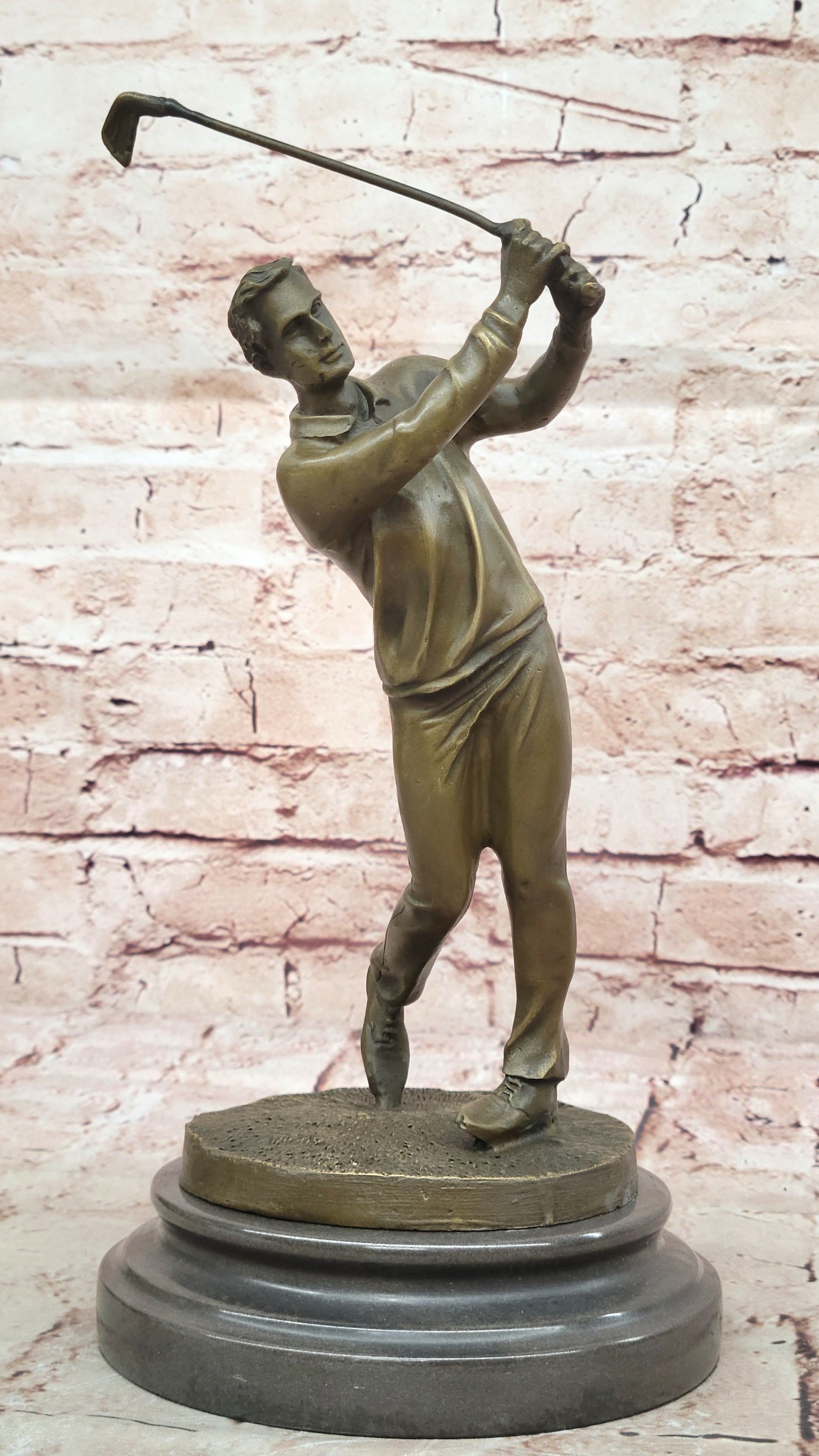 HAPPY GOLFER TEE OFF 100% SOLID BRONZE SCULPTURE MARBLE BASE FIGURINE FIGURE
