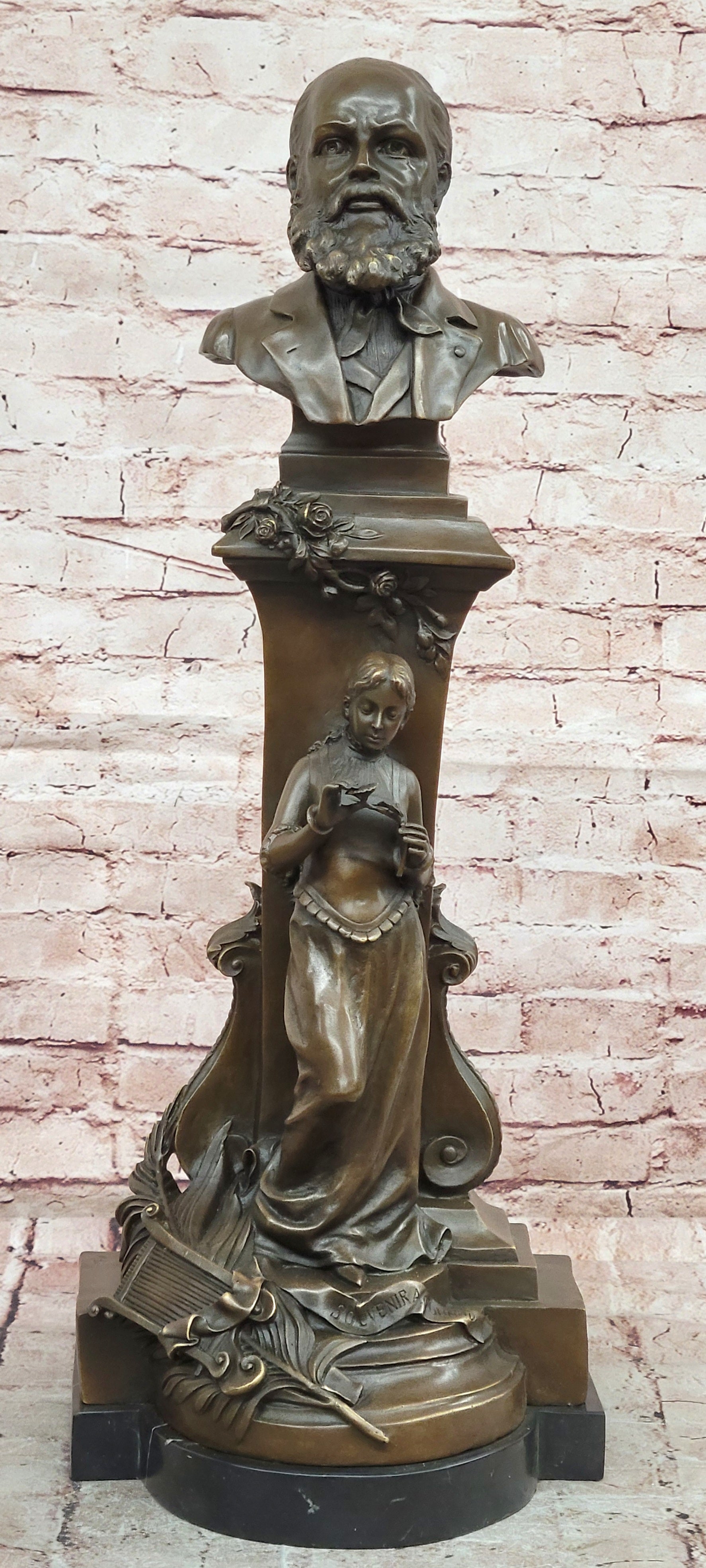 Genuine Hot Cast Bronze Composer Bust with Maiden Allegory Statue