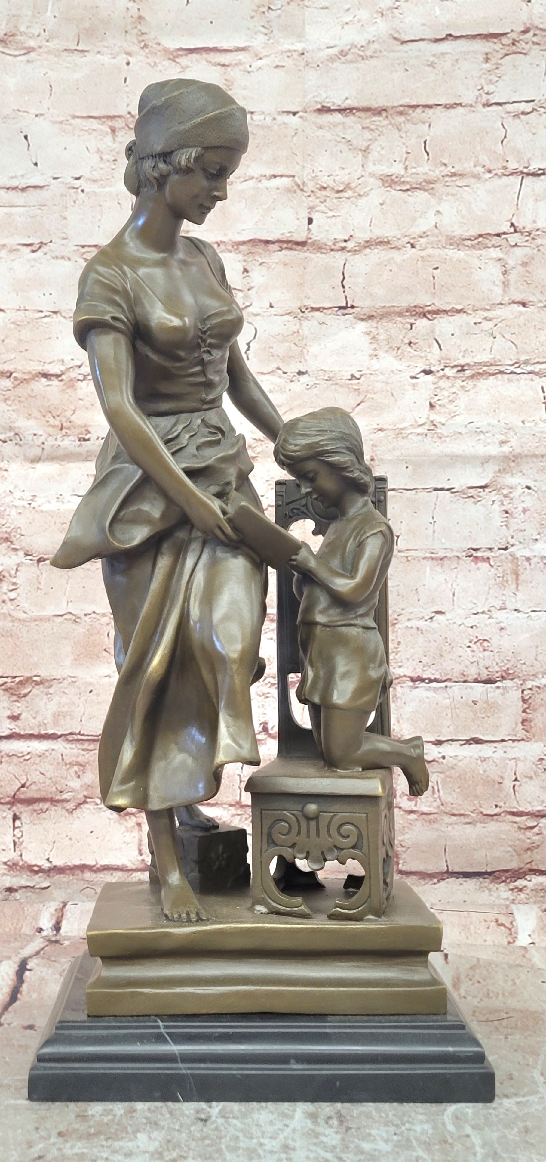 Signed Bronze Mother Daughter Devotion Statue Milo Spiritual Family Sculpture