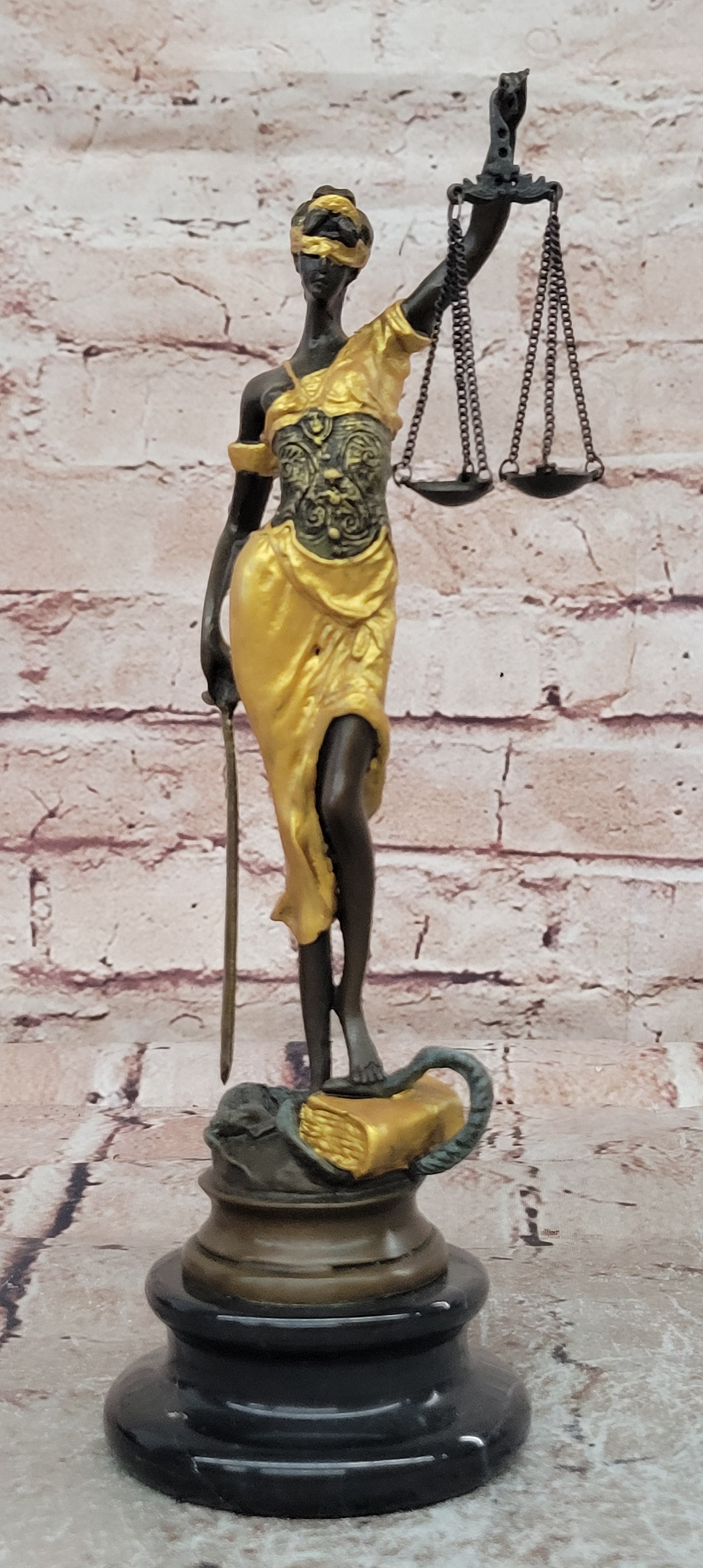 Lady Justicia Bronze Sculpture Gold Patina Scales Blind Justice Law Statue