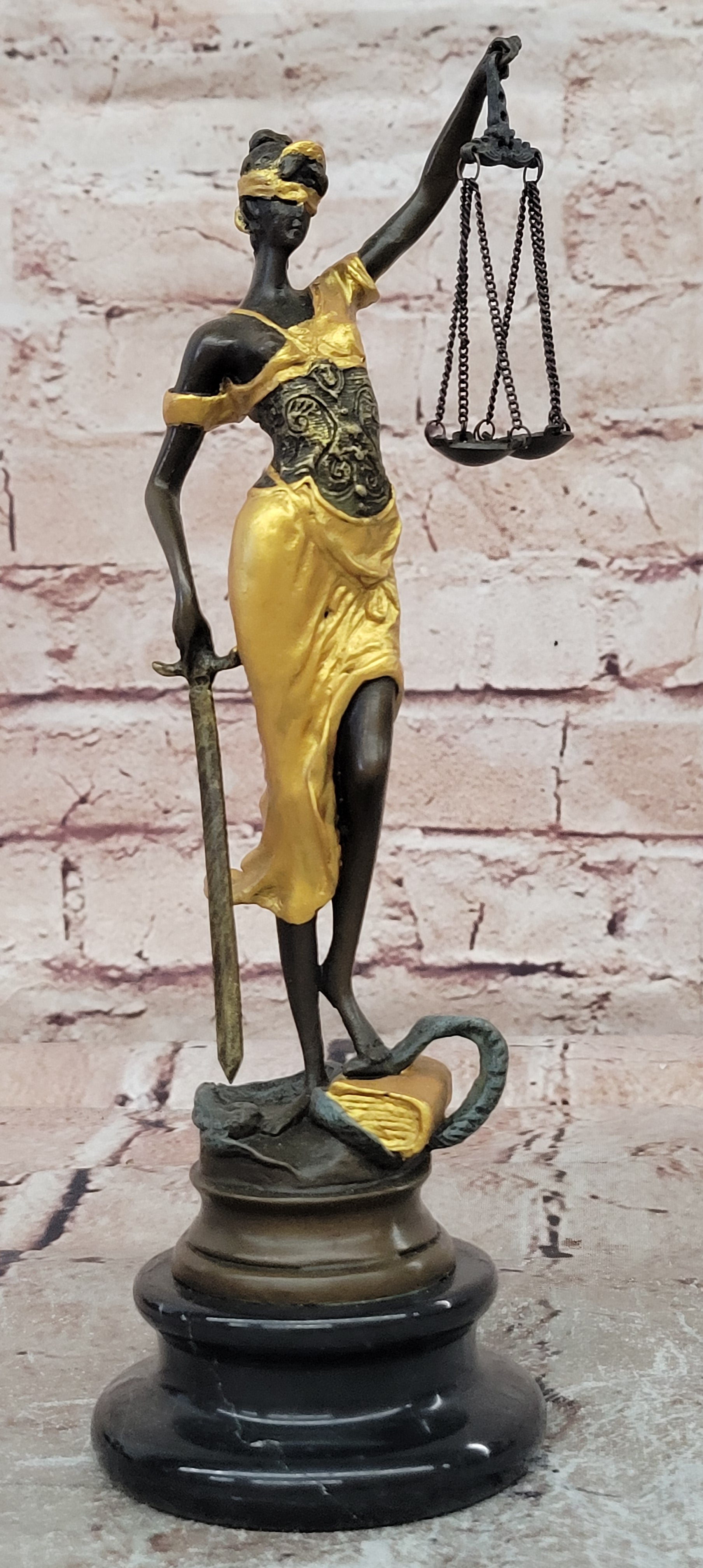 Lady Justicia Bronze Sculpture Gold Patina Scales Blind Justice Law Statue