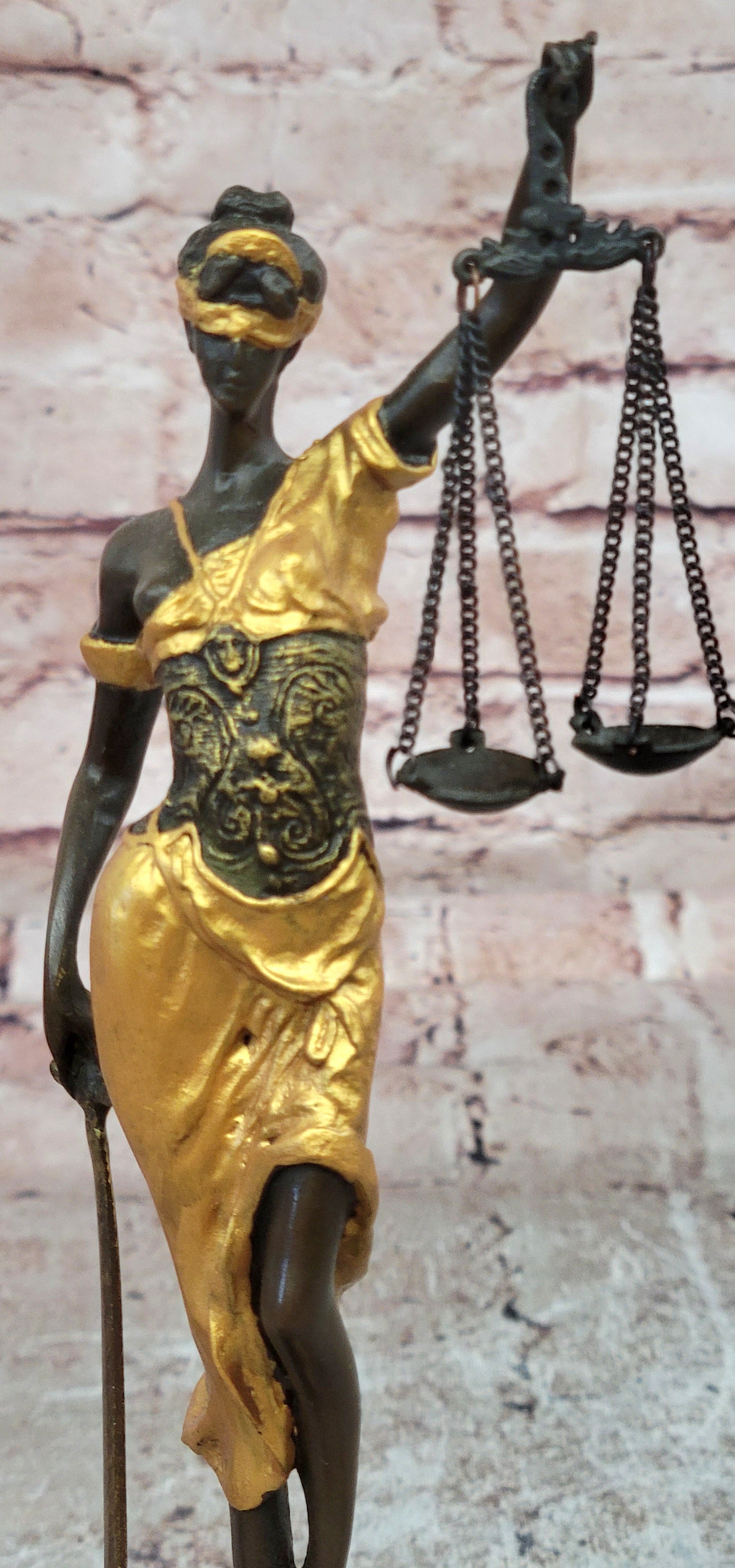 Lady Justicia Bronze Sculpture Gold Patina Scales Blind Justice Law Statue