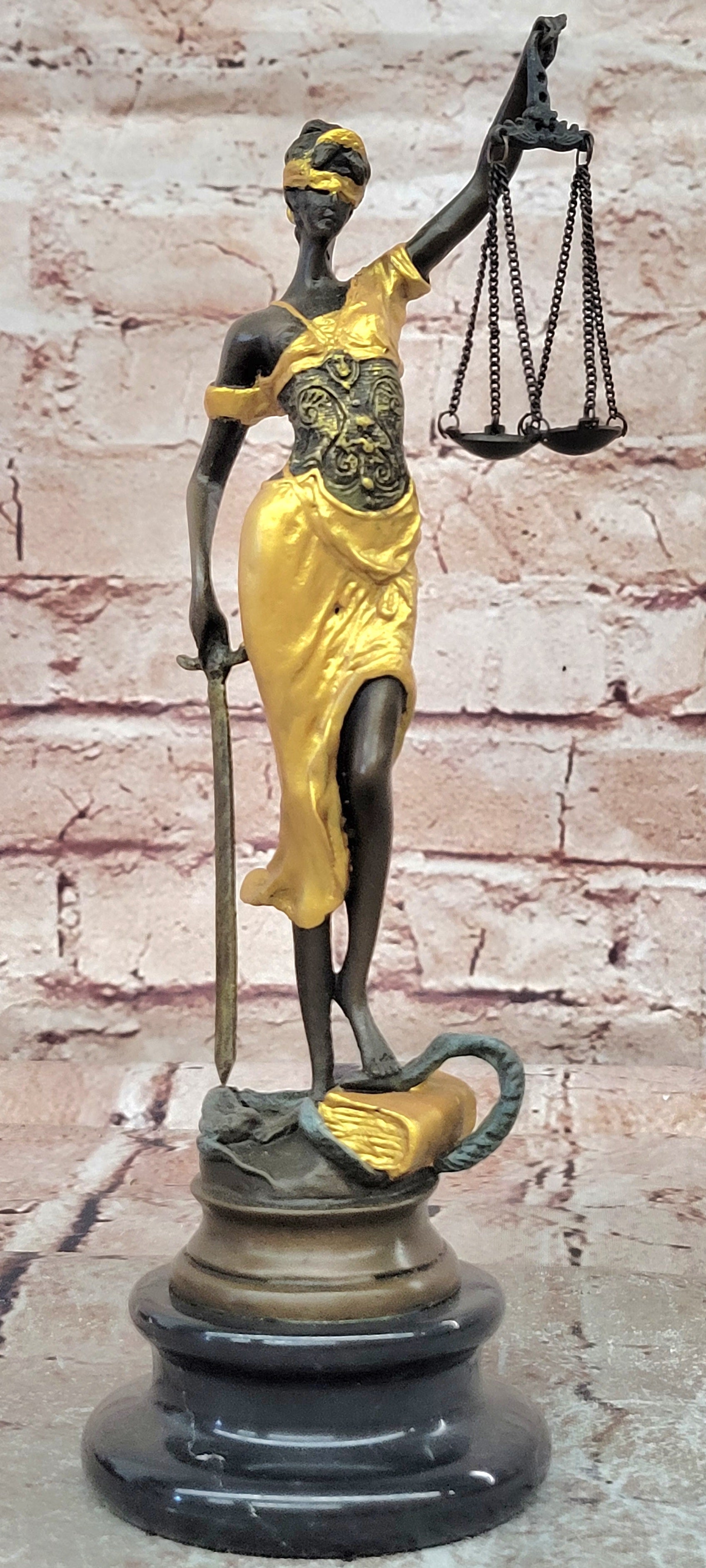 Lady Justicia Bronze Sculpture Gold Patina Scales Blind Justice Law Statue