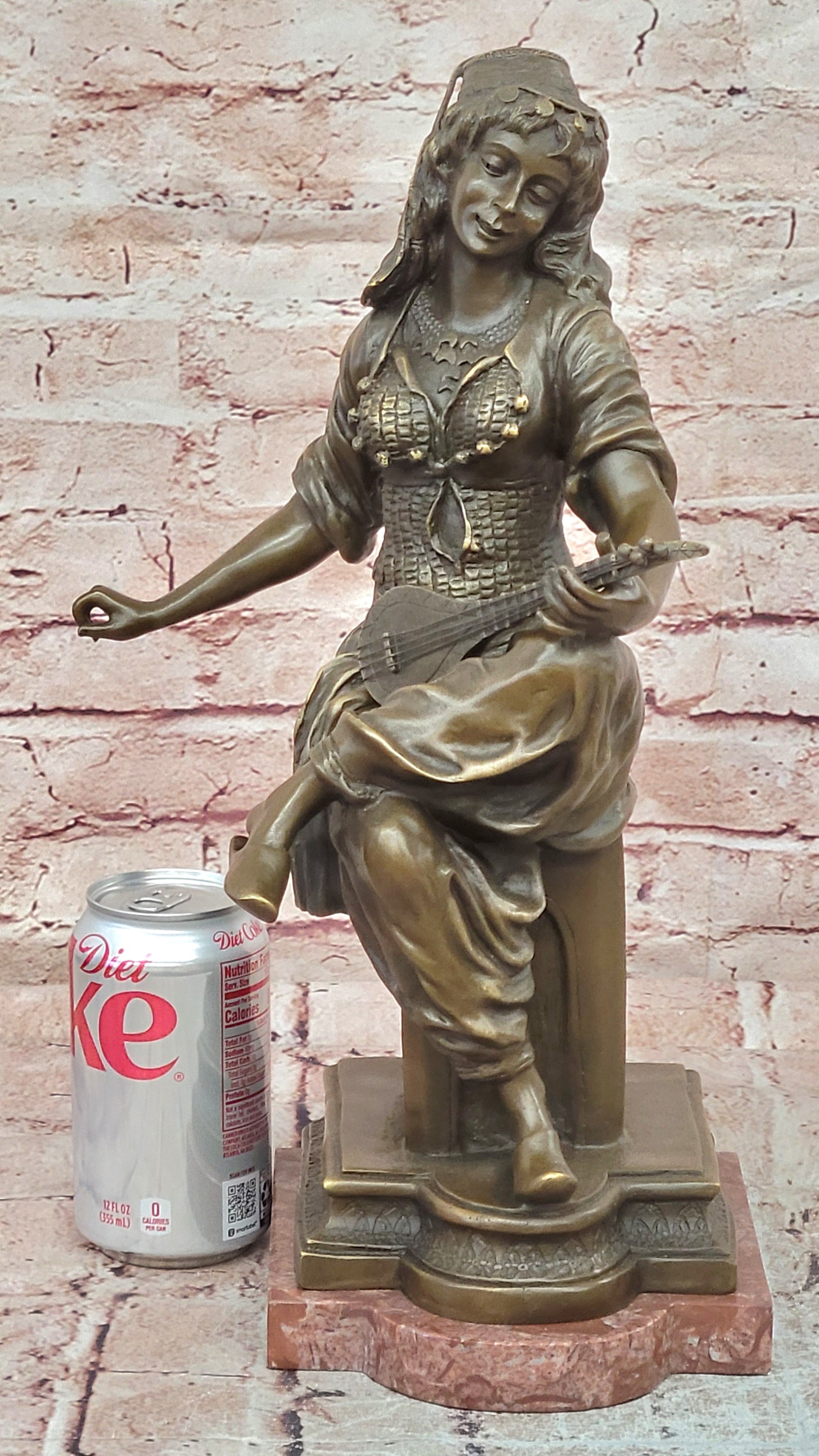 Art Deco Bronze Lute Player Statue Signed Milo Female Musician Sculpture