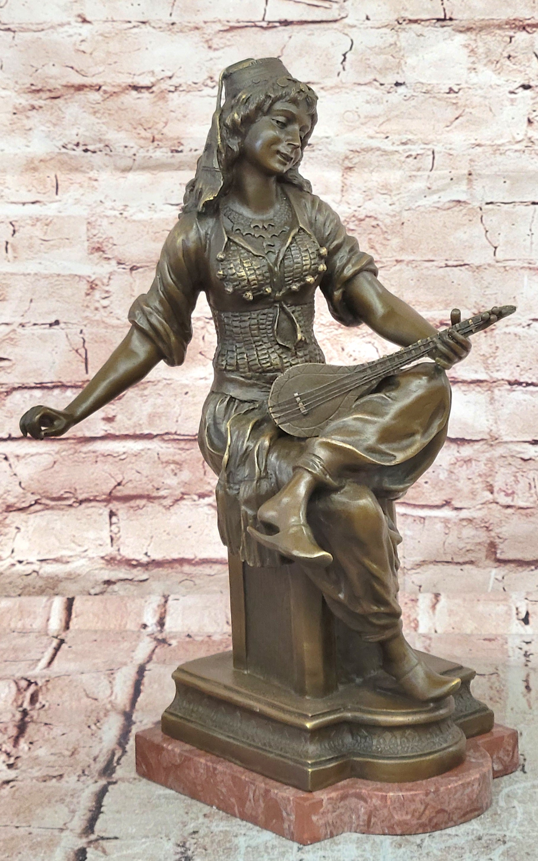 Art Deco Bronze Lute Player Statue Signed Milo Female Musician Sculpture