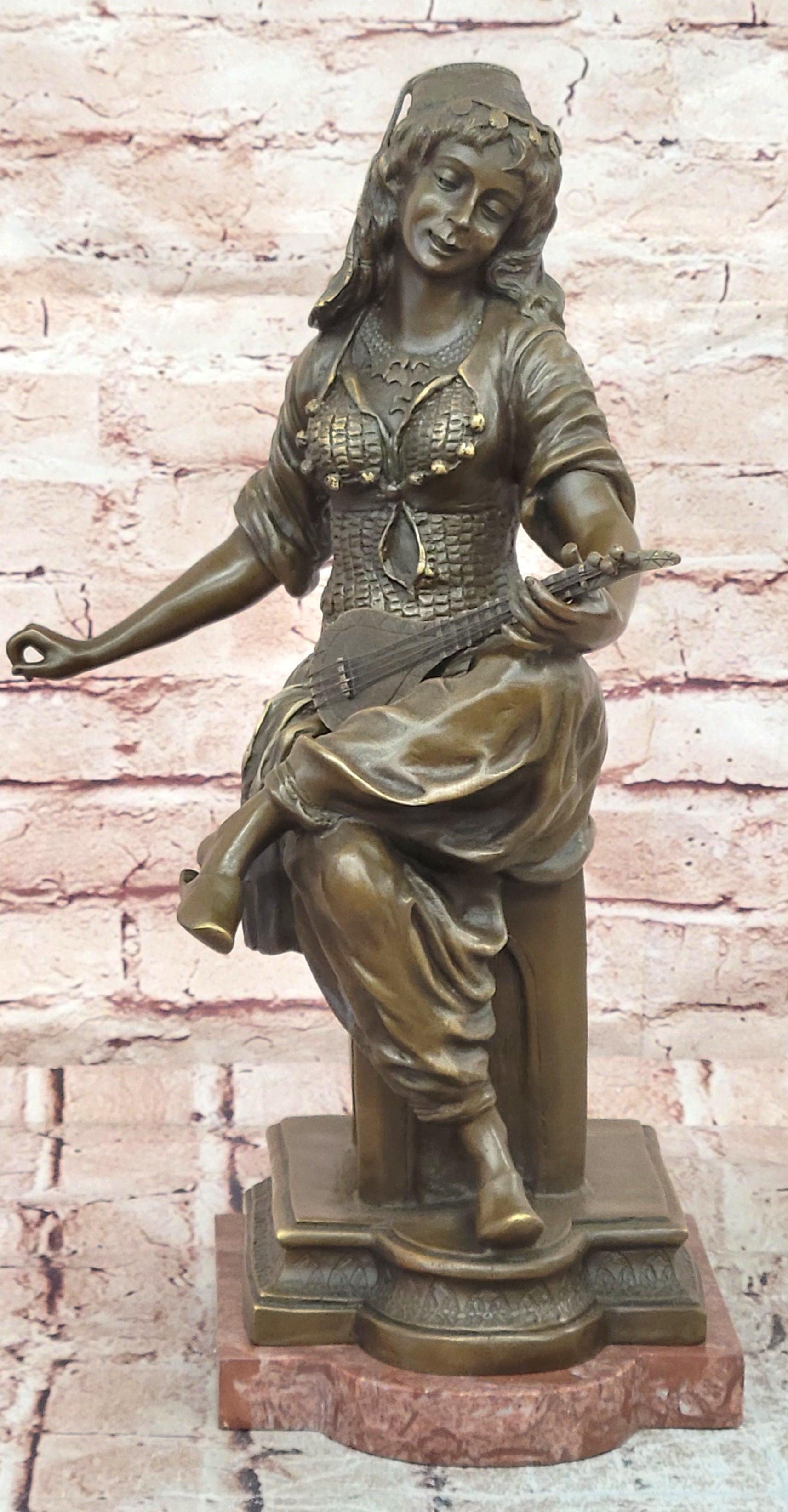 Art Deco Bronze Lute Player Statue Signed Milo Female Musician Sculpture