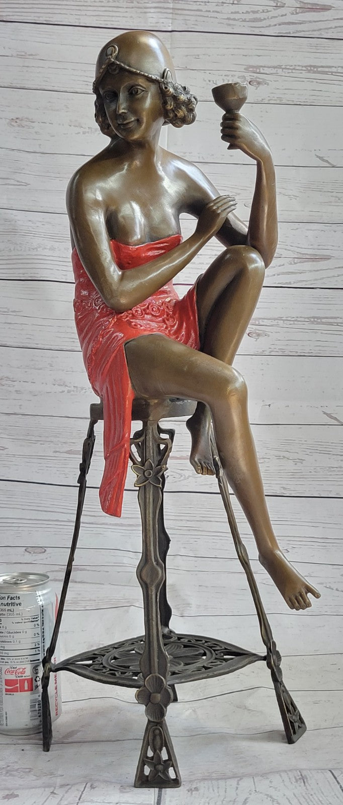 100% Bronze lady holding champagne cup on stool statues Art Nouveau Sale