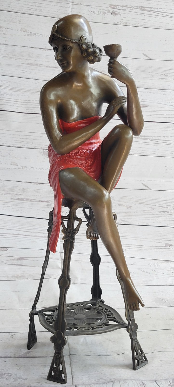 100% Bronze Art Nouveau Flapper Lady Holding Champagne Cup on Stool – Sculpture Sale