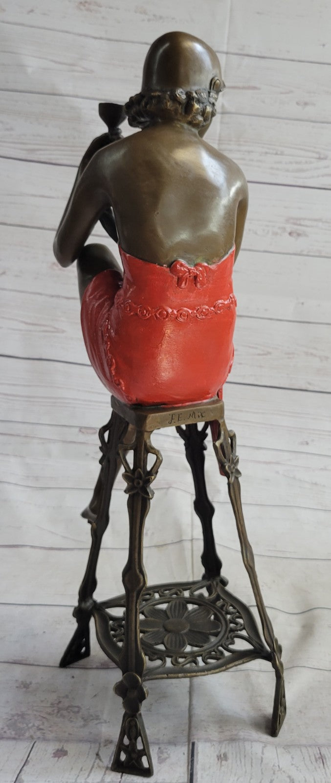 100% Bronze Art Nouveau Flapper Lady Holding Champagne Cup on Stool – Sculpture Sale