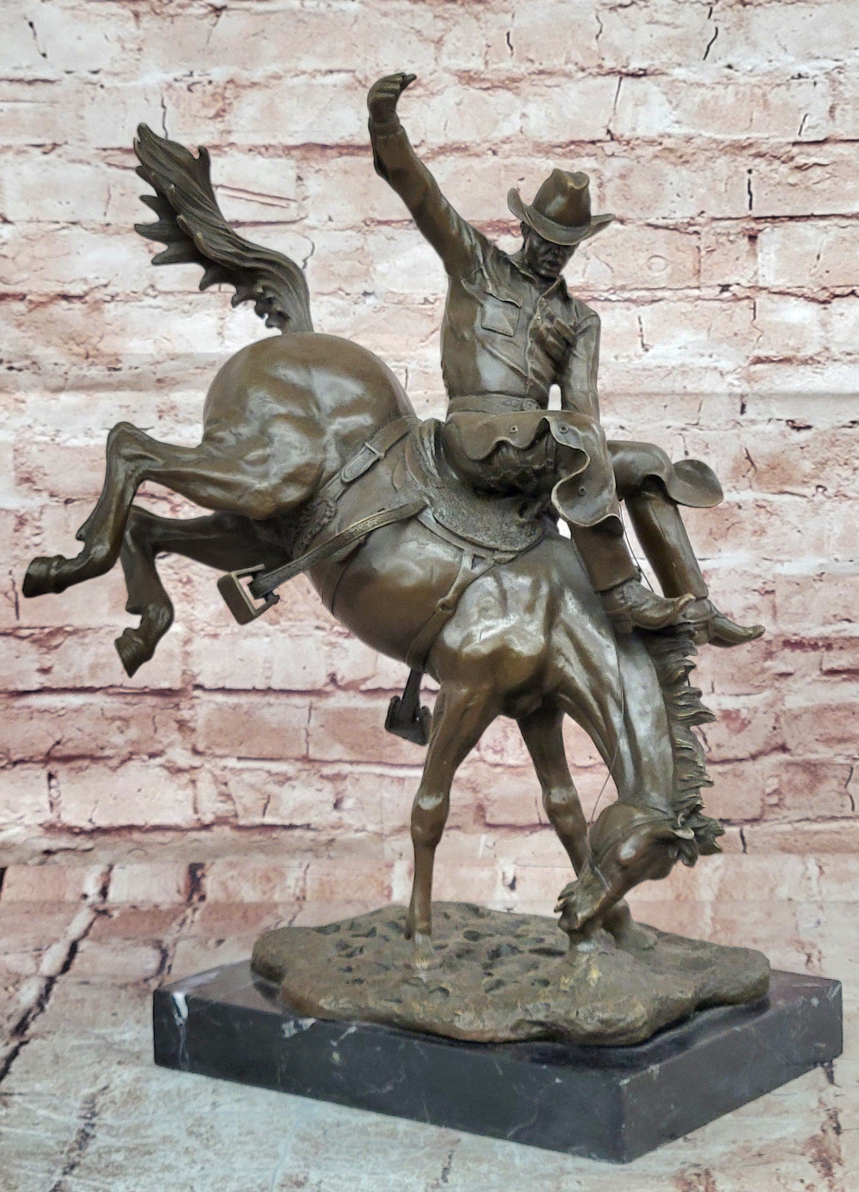 Remington Style Bronze Horse Rider Sculpture Cowboy Bronco Buster Art Statue
