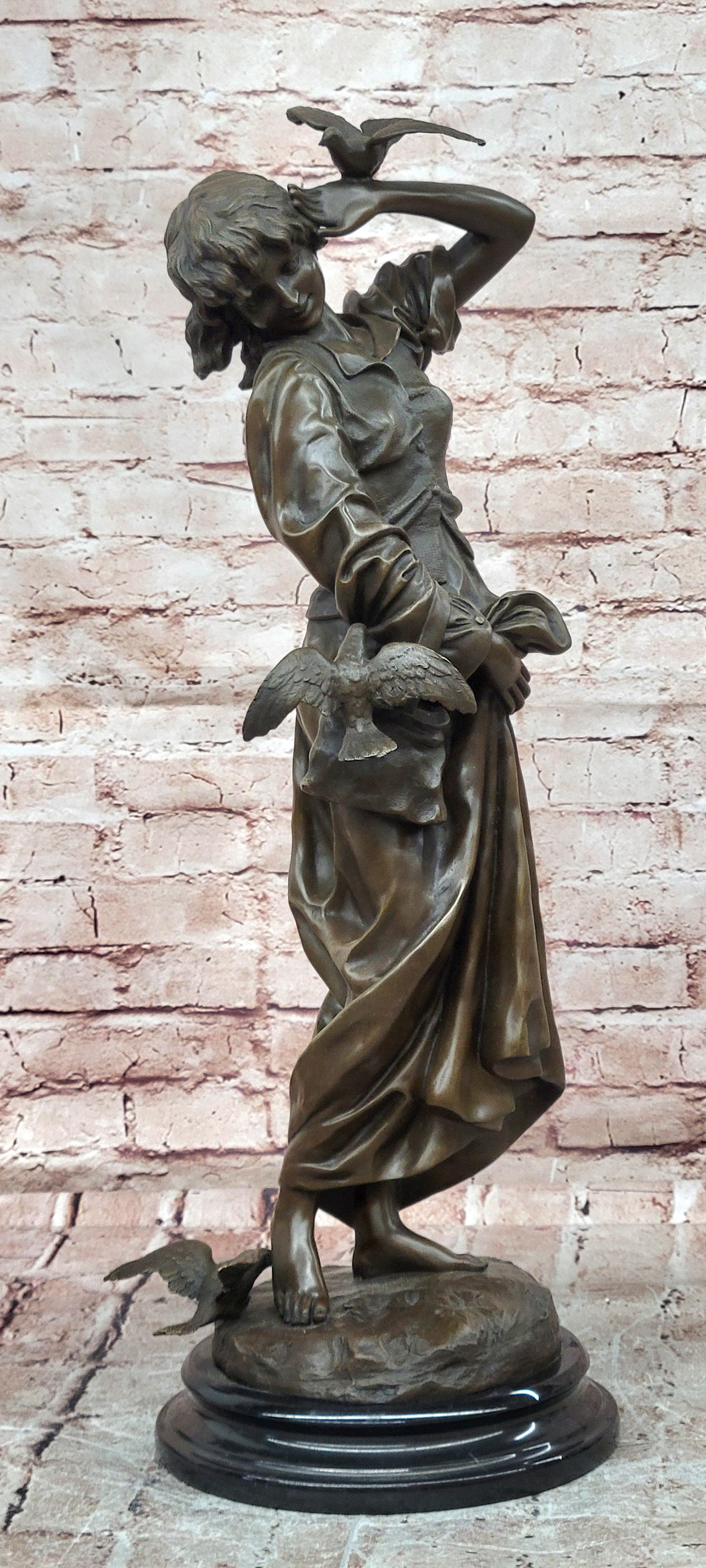 Signed Milo Bronze Woman Bird Interaction Sculpture Classic Art Statue
