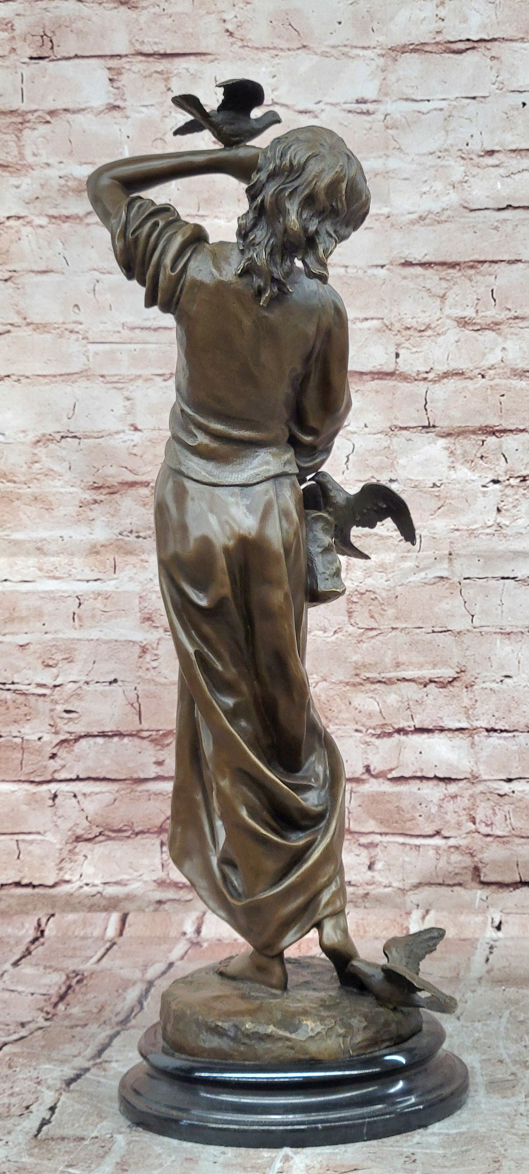 Signed Milo Bronze Woman Bird Interaction Sculpture Classic Art Statue
