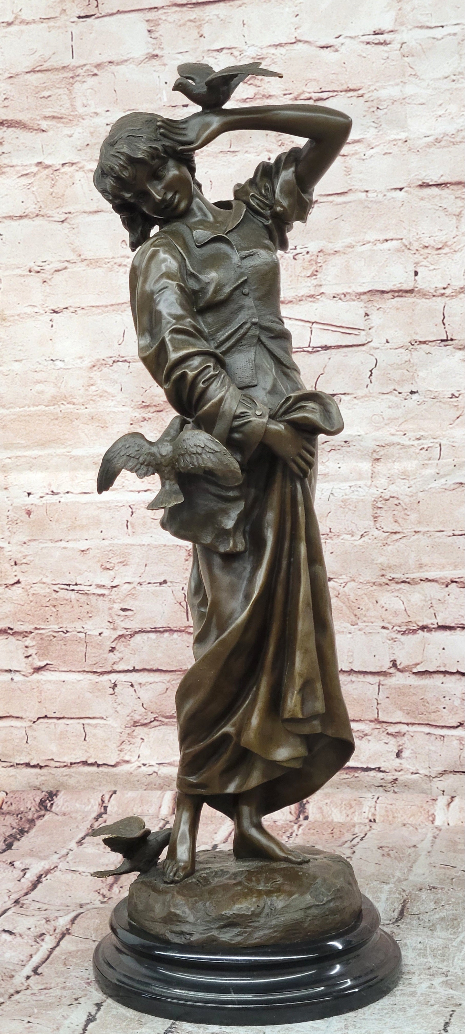 Signed Milo Bronze Woman Bird Interaction Sculpture Classic Art Statue