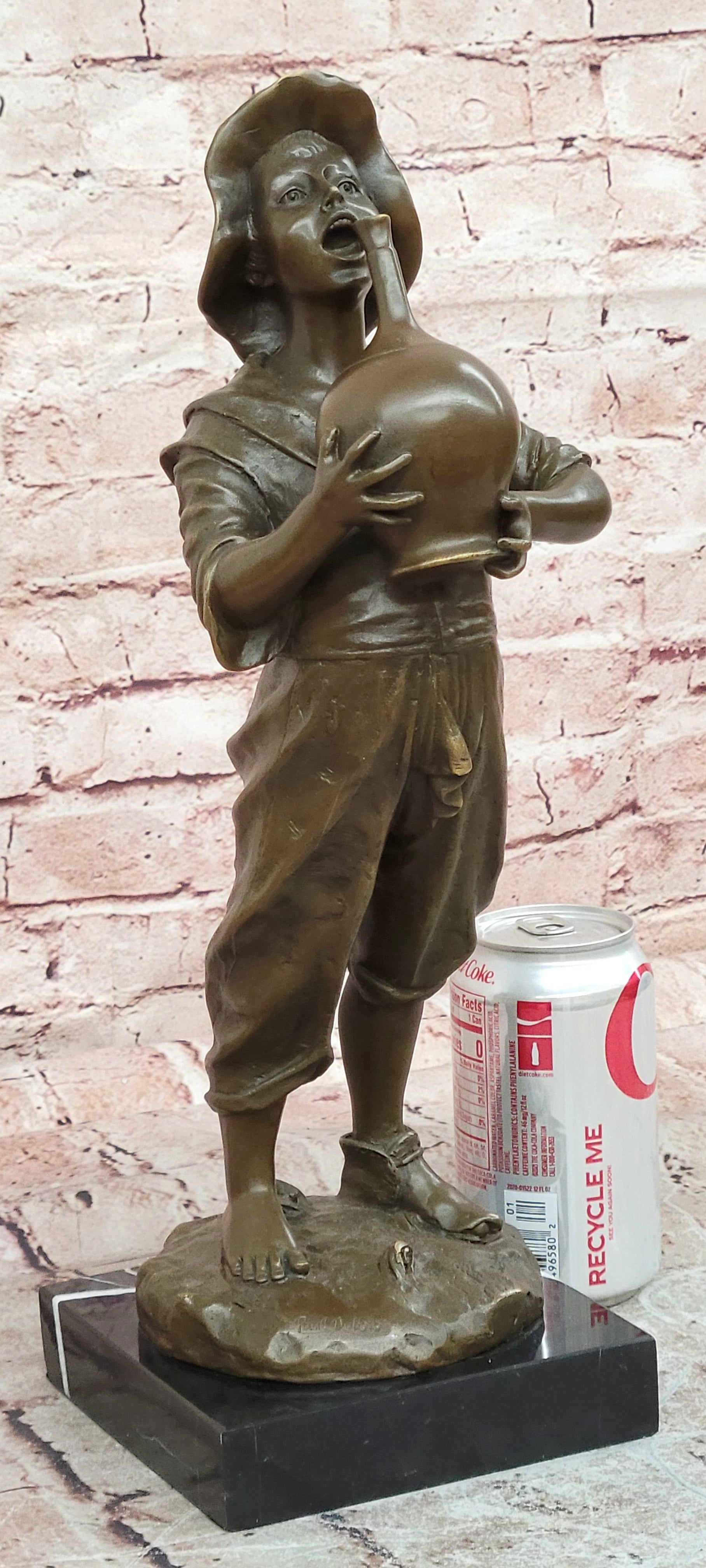Bronze Sculpture Boy with Wine Jug Signed Paul Dubois Hand Cast Art Figurine