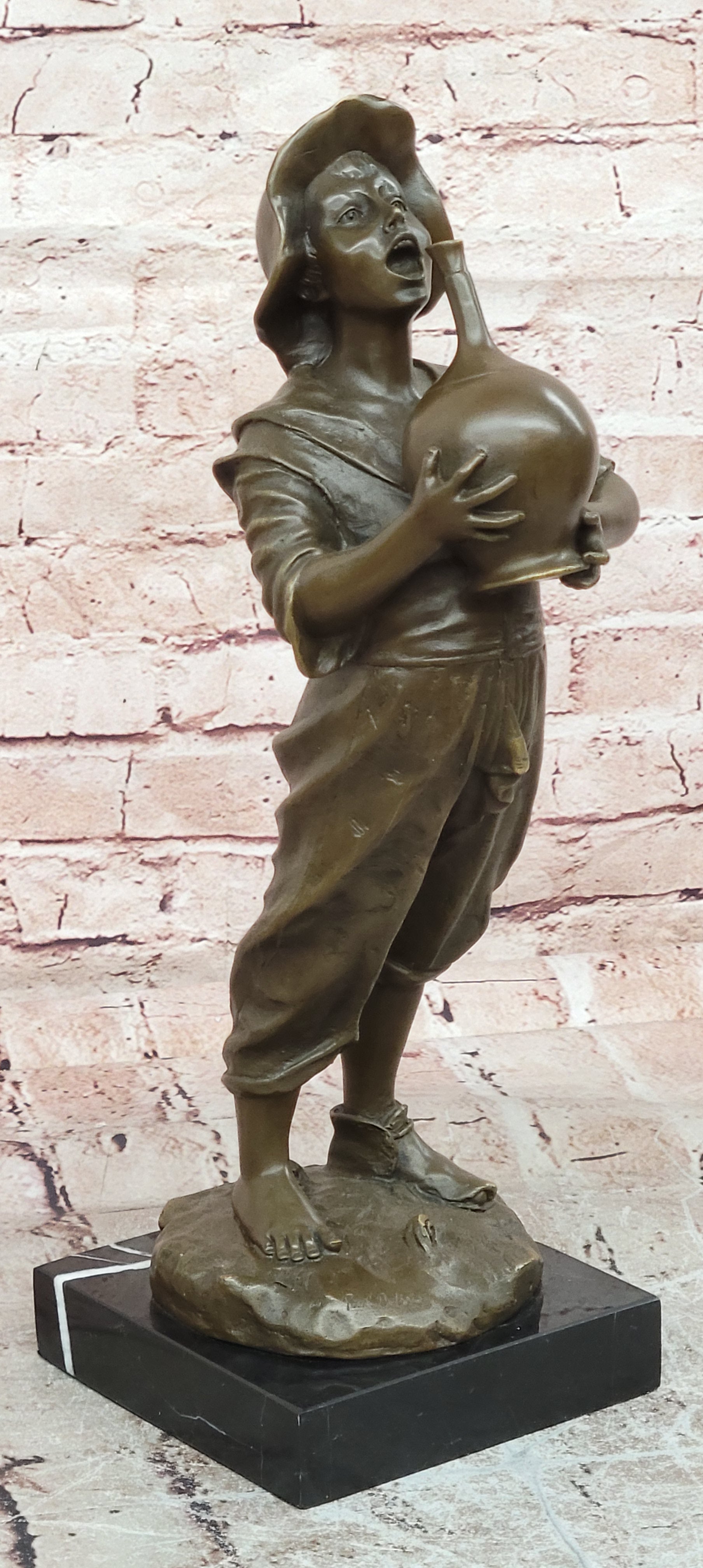 Bronze Sculpture Boy with Wine Jug Signed Paul Dubois Hand Cast Art Figurine