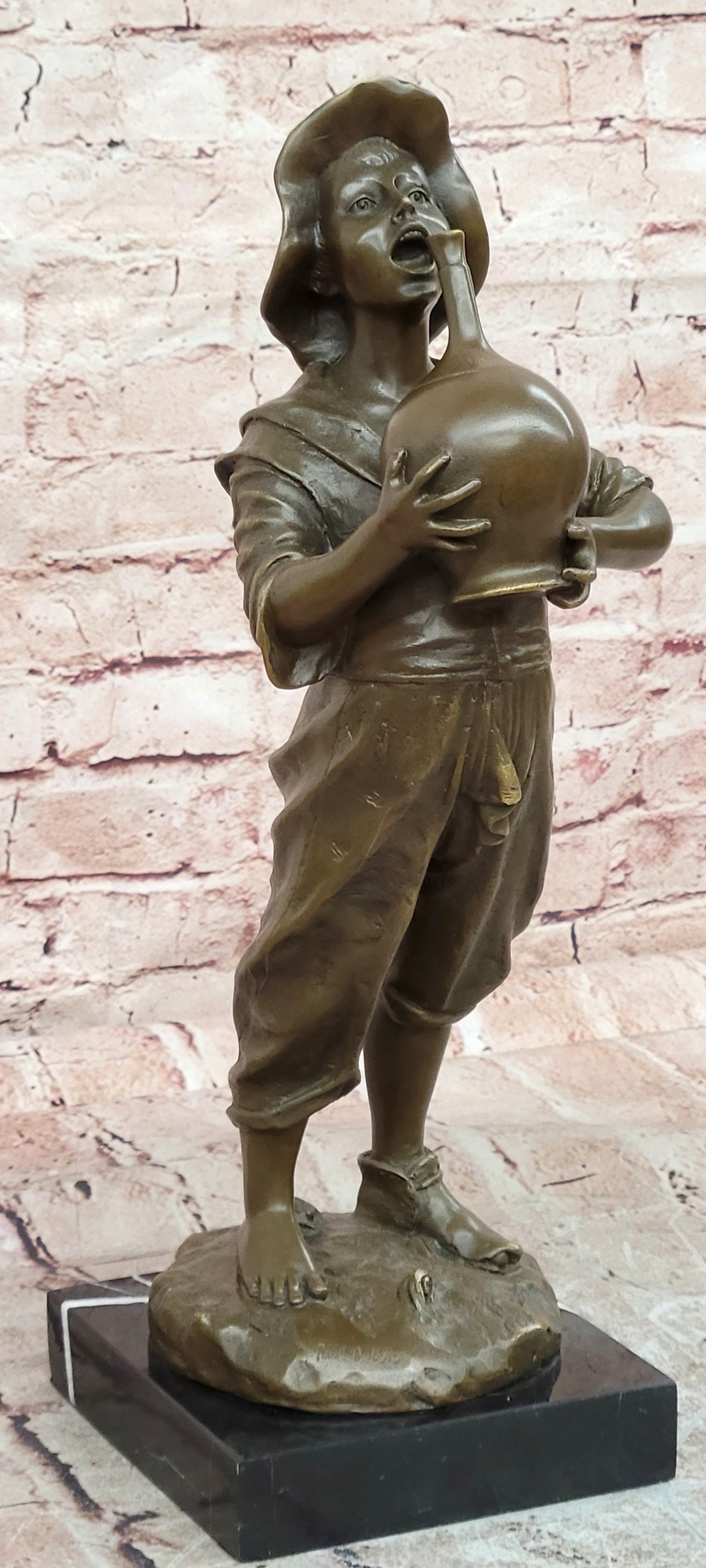 Bronze Sculpture Boy with Wine Jug Signed Paul Dubois Hand Cast Art Figurine