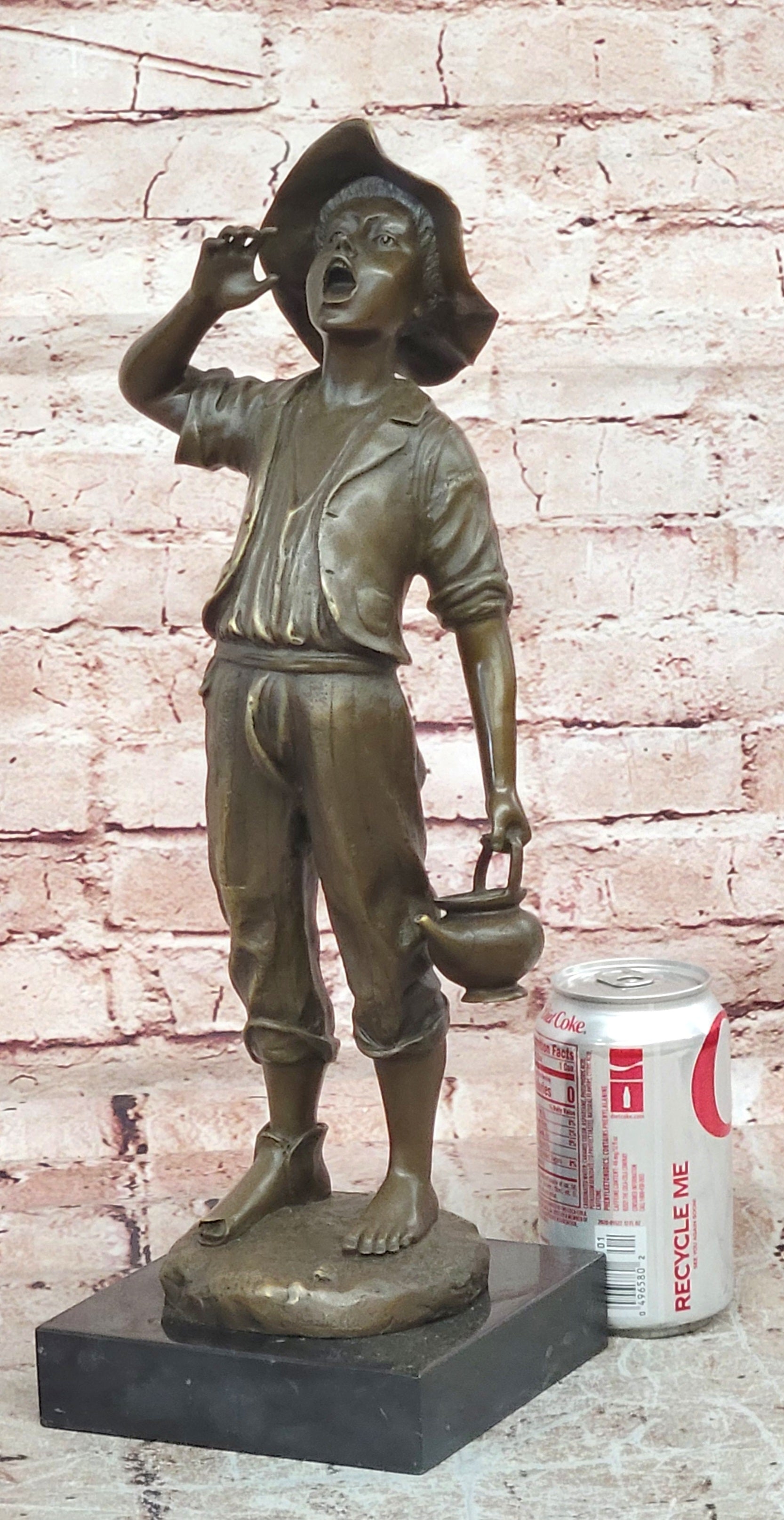 Classical Bronze Child Sculpture Boy Shouting with Water Jug Statue Art
