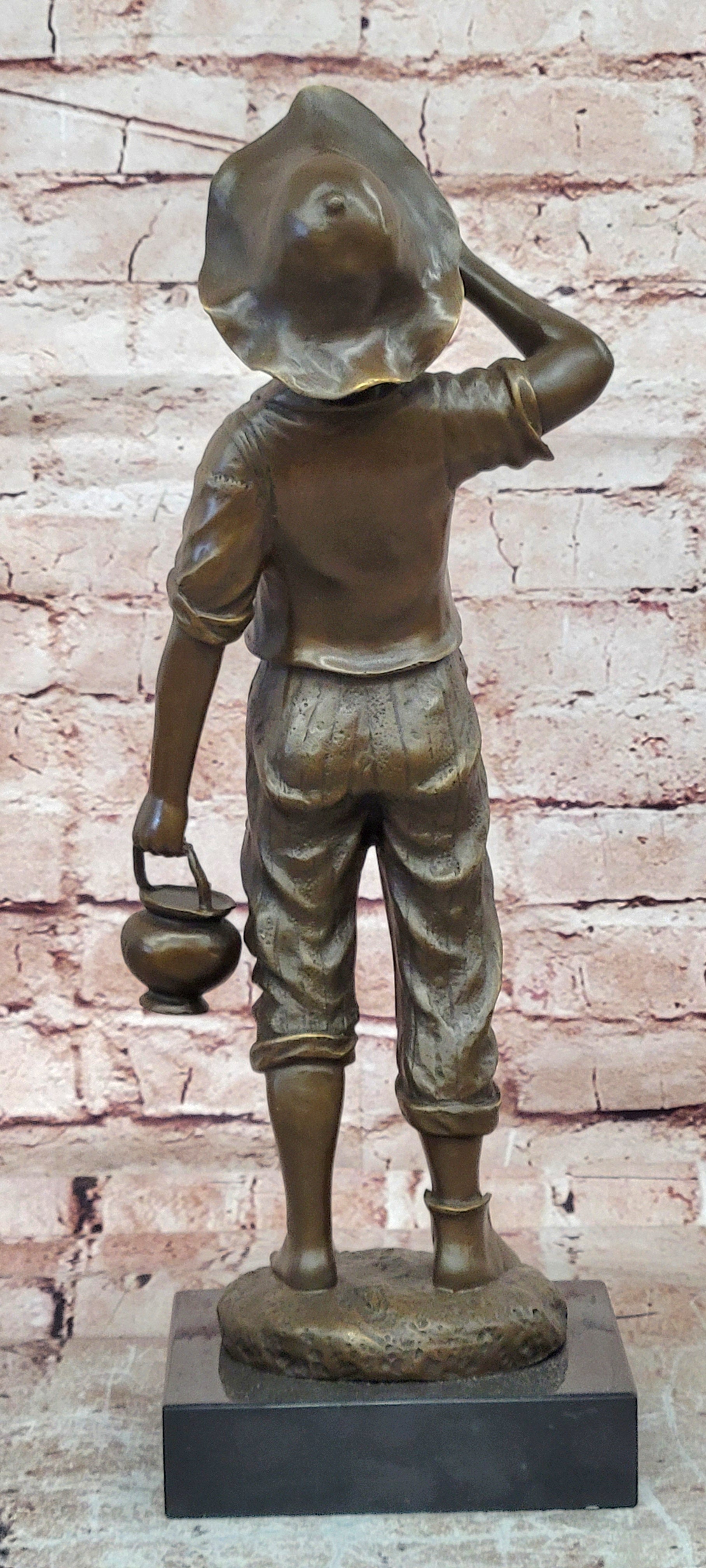 Classical Bronze Child Sculpture Boy Shouting with Water Jug Statue Art