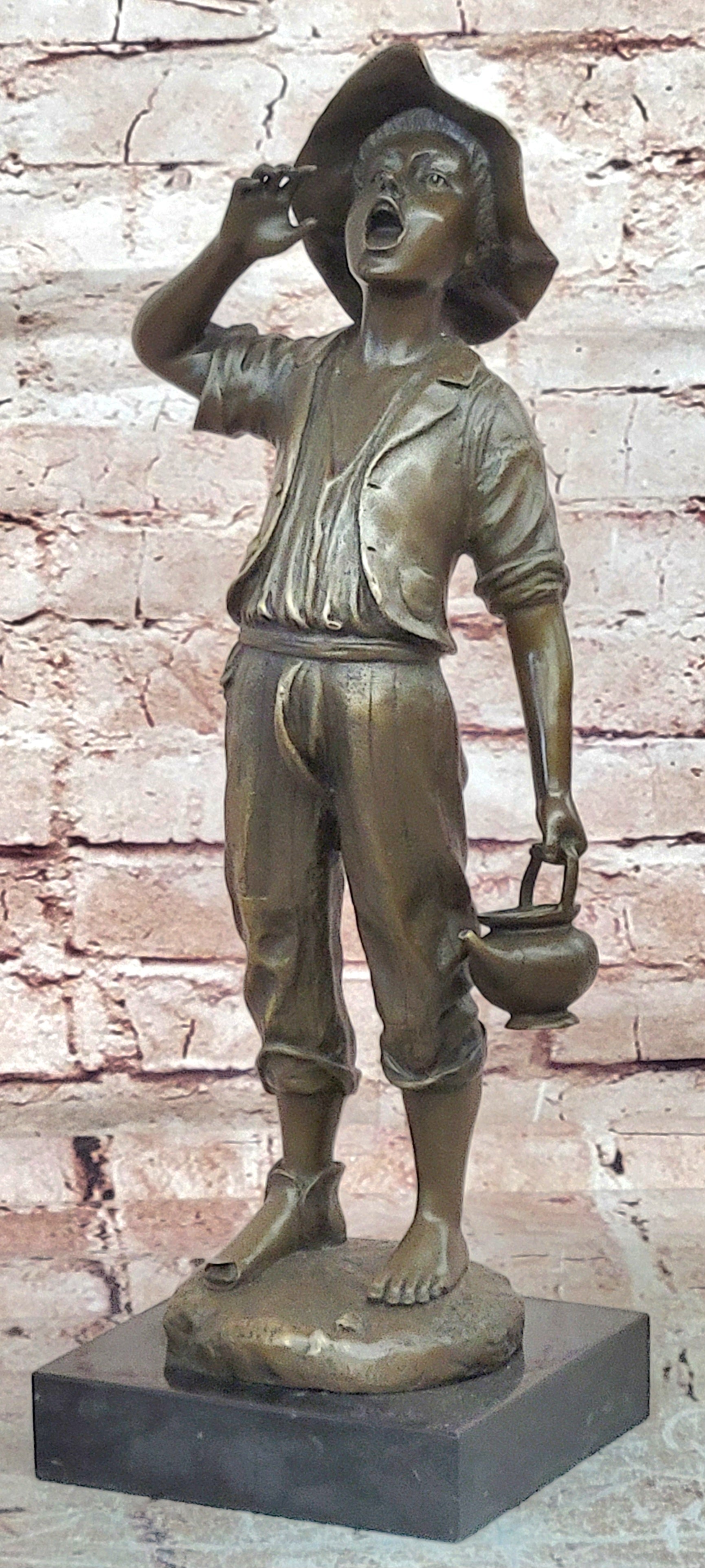 Classical Bronze Child Sculpture Boy Shouting with Water Jug Statue Art