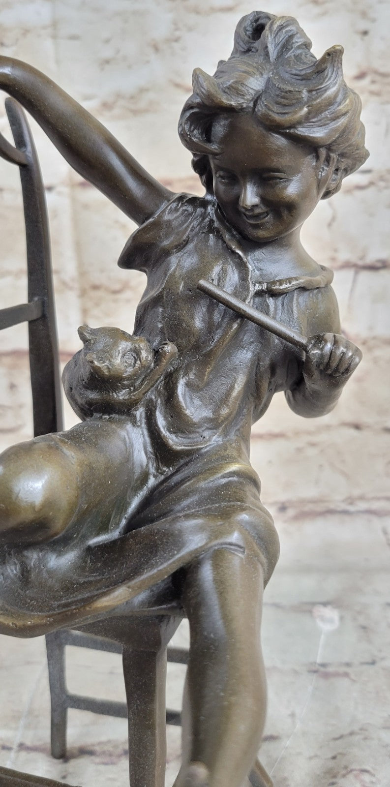 Bronze, Child with Cat Over the Chair, bronze Sculpture Signed Iffland Hot Cast