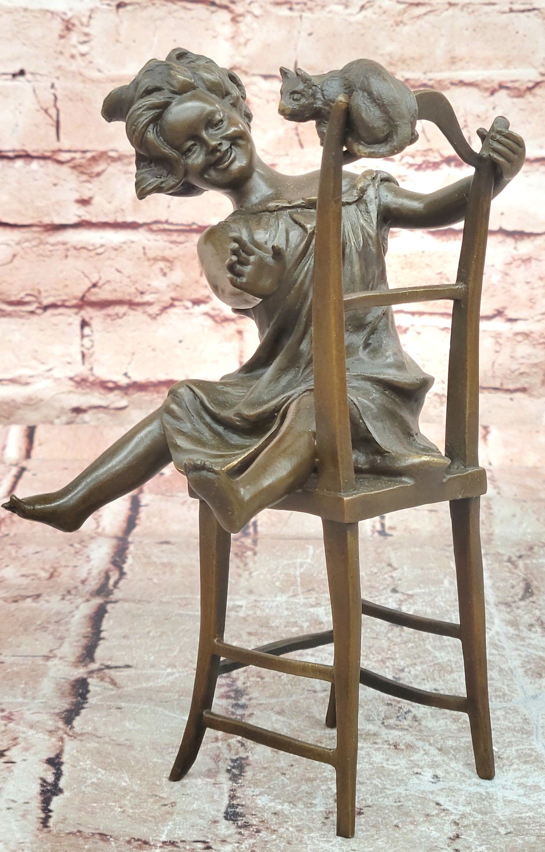 Franz Iffland Bronze Child with Cat Sculpture Hot Cast Collectible Figurine Artwork