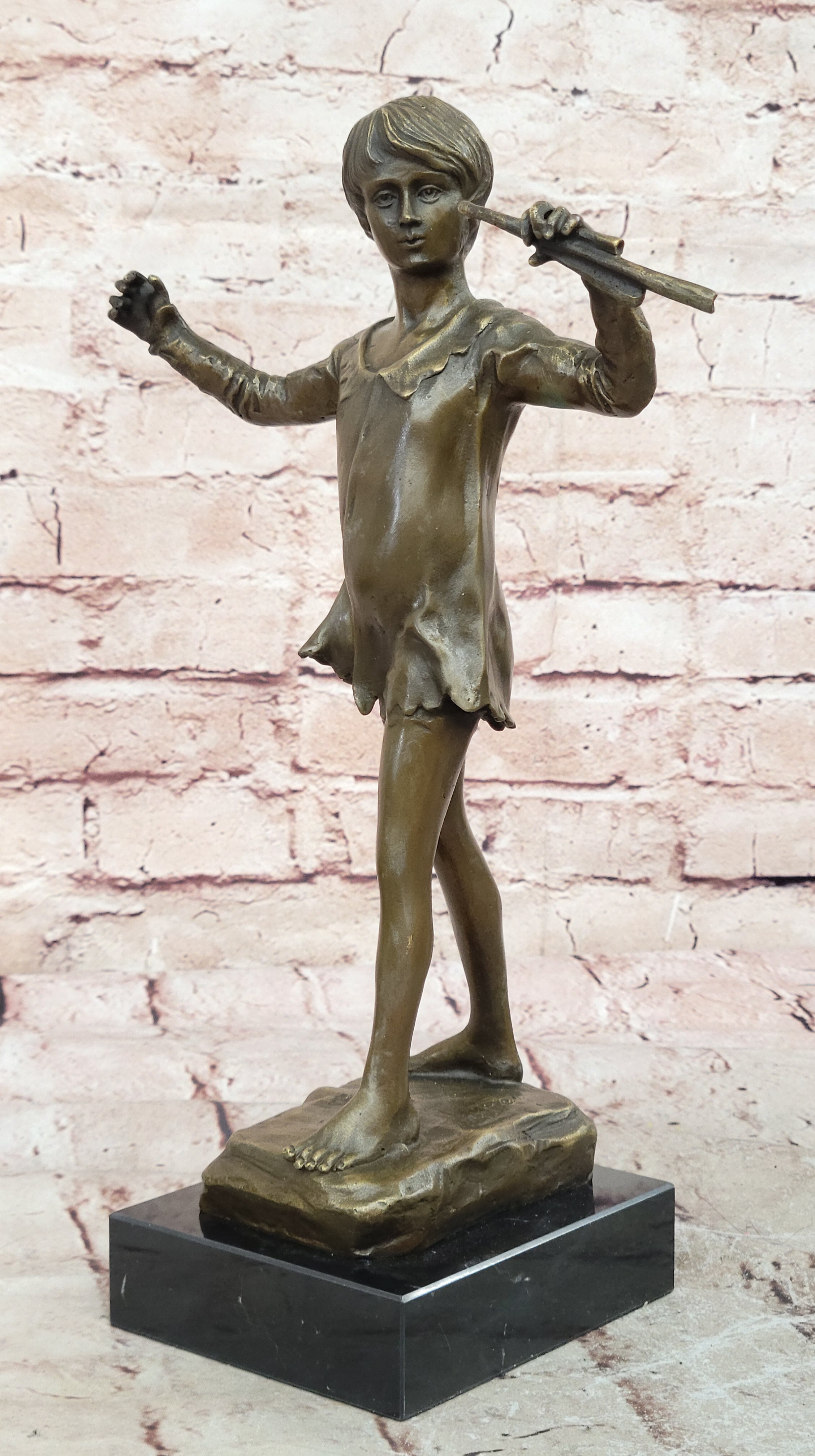 Modernist Solid Bronze Figure Flute Musician sculpture signed Haubner instrument 12.5”