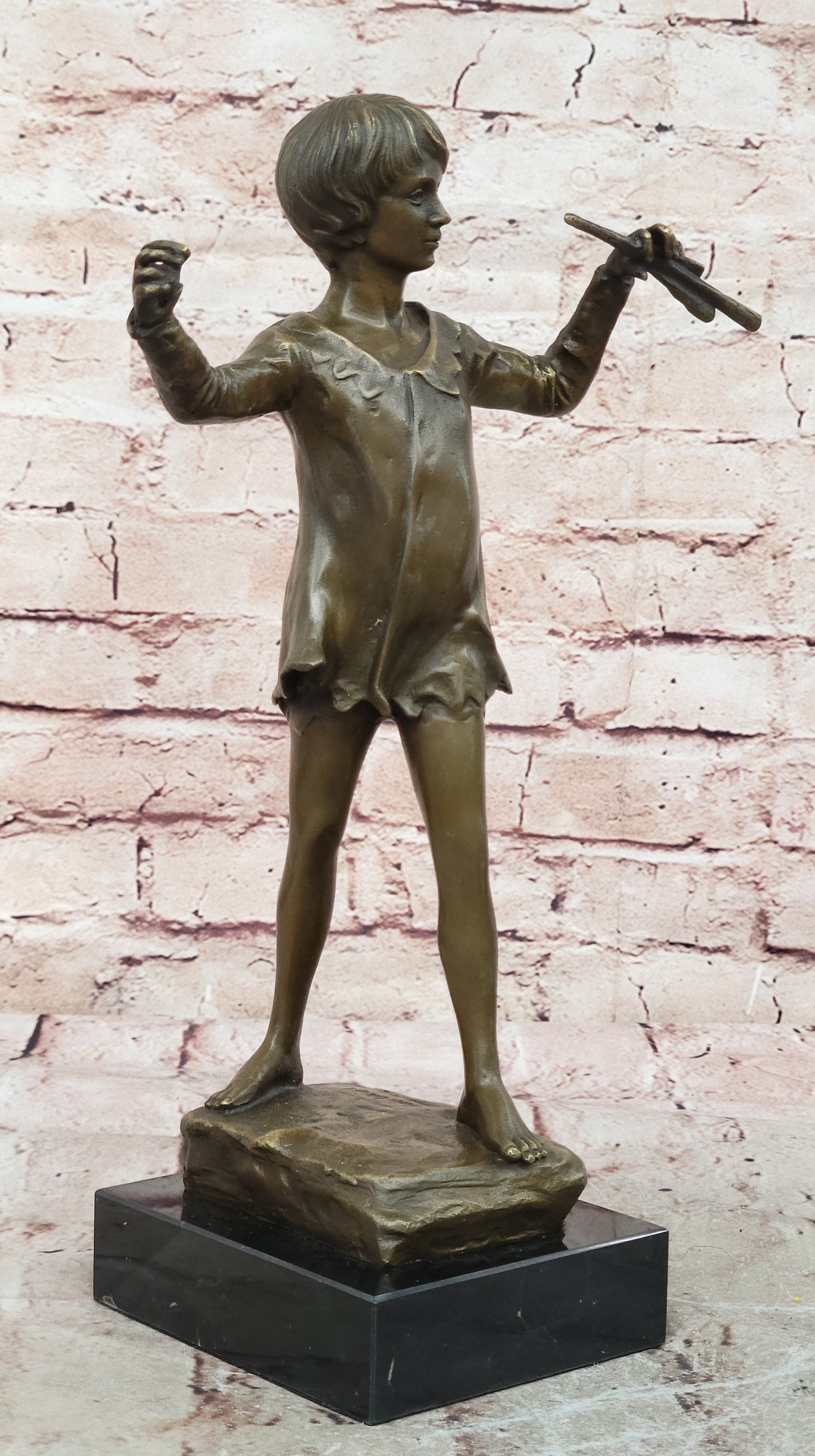 Modernist Solid Bronze Figure Flute Musician sculpture signed Haubner instrument 12.5”
