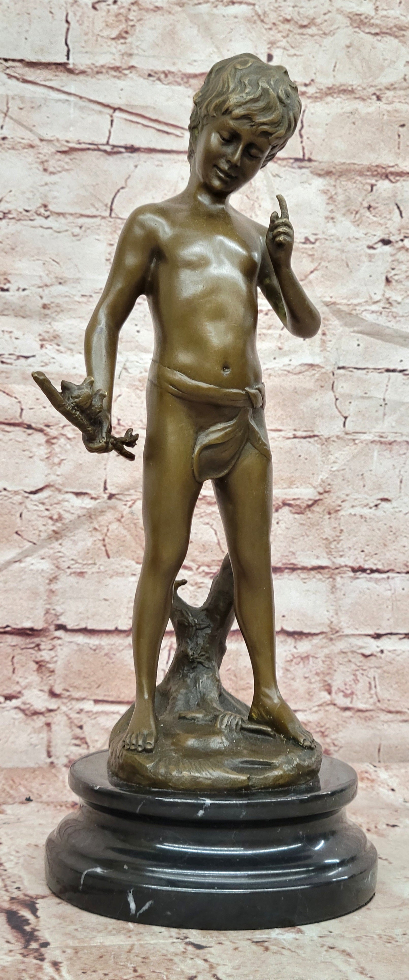 Lost Wax  Handcrafted Artwork: Pan Boy with Bird, Genuine Bronze Statue for Home Decor