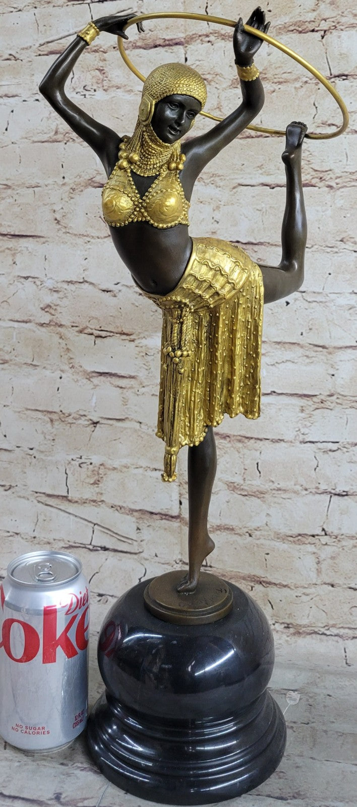 Gold Patina Art Nouveau Ring Dancer Bronze Sculpture Marble Base Figurine