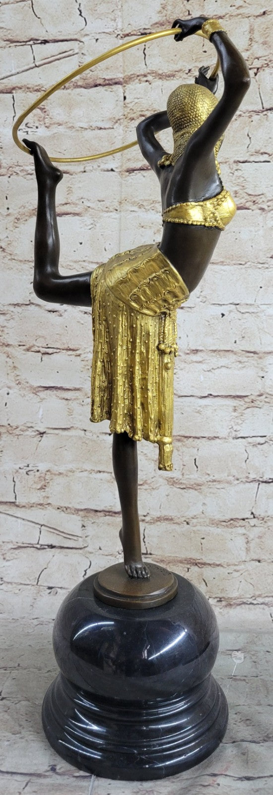 Gold Patina Art Nouveau Ring Dancer Bronze Sculpture Marble Base Figurine