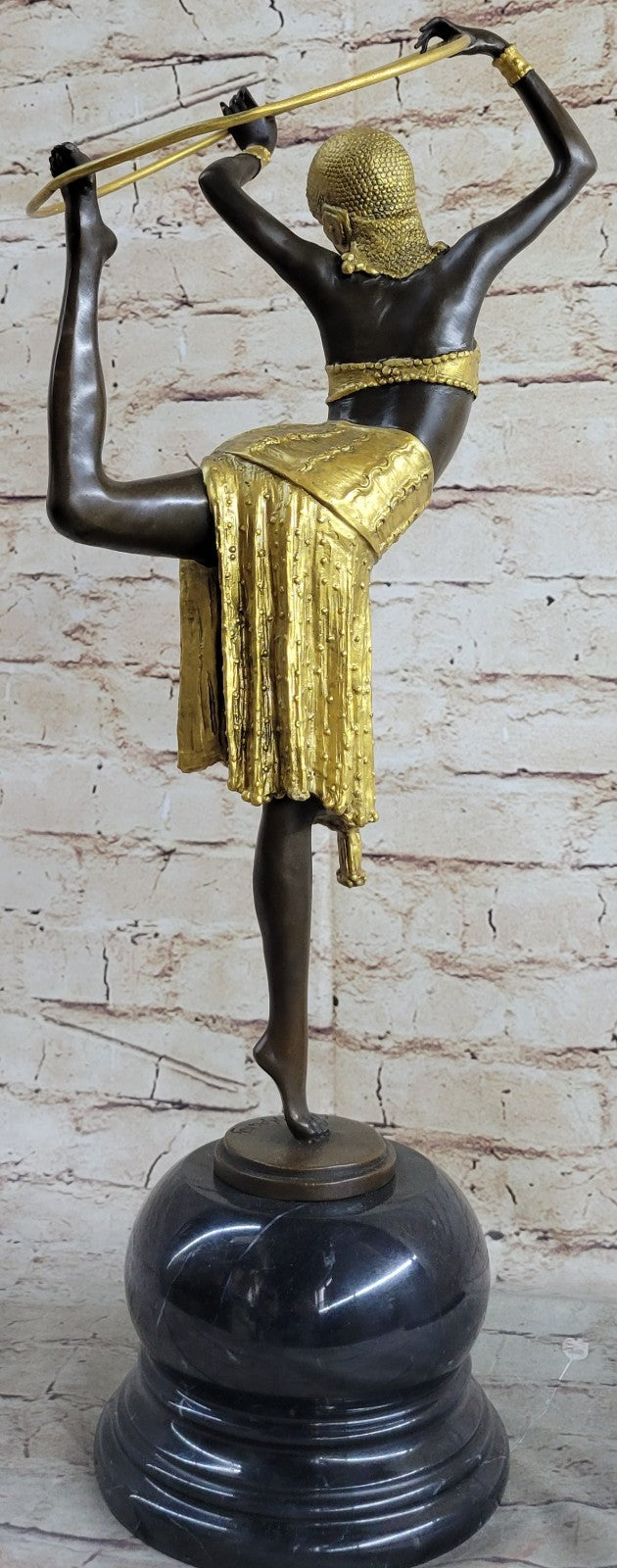 Gold Patina Art Nouveau Ring Dancer Bronze Sculpture Marble Base Figurine