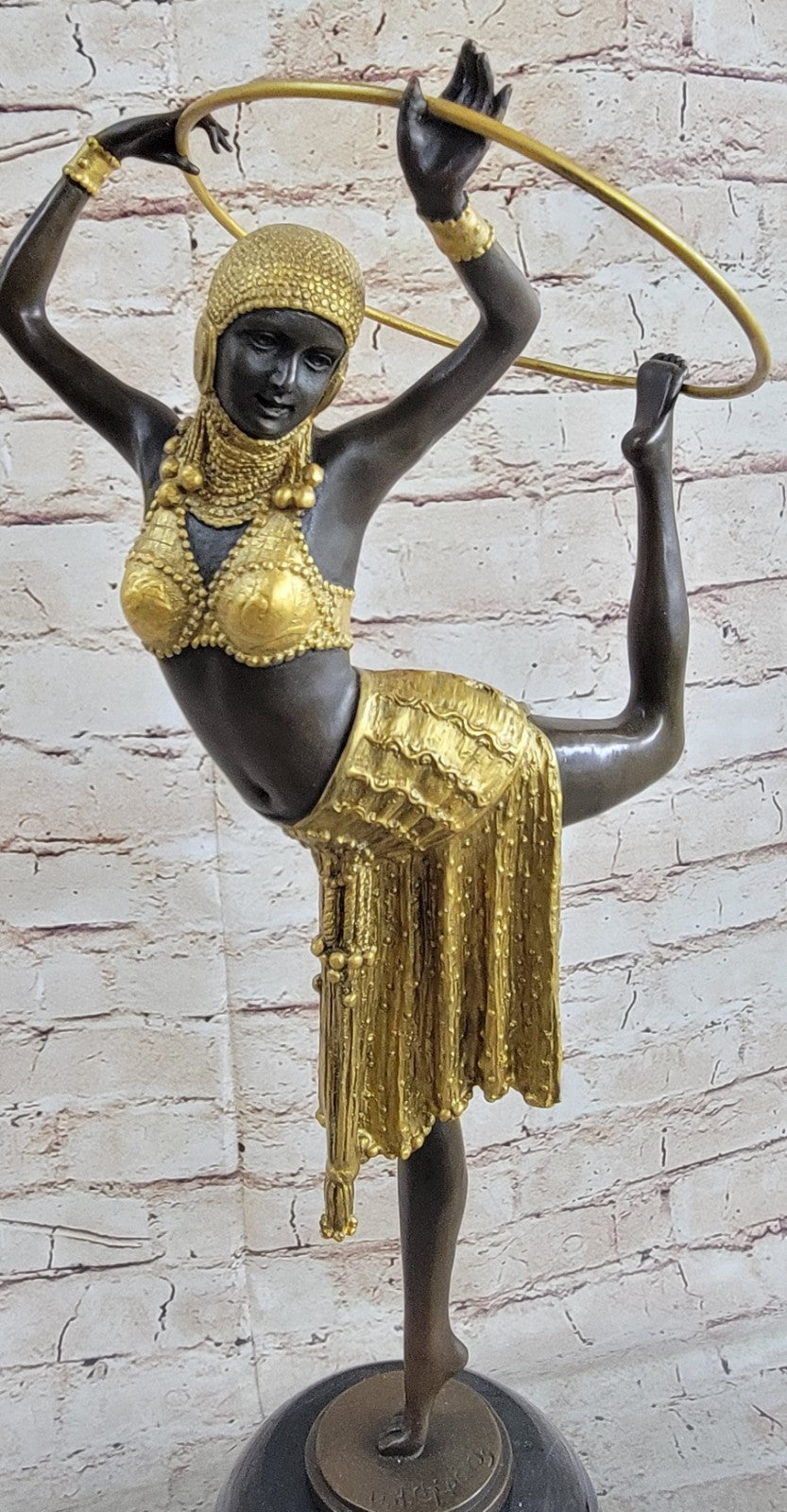 Gold Patina Art Nouveau Ring Dancer Bronze Sculpture Marble Base Figurine