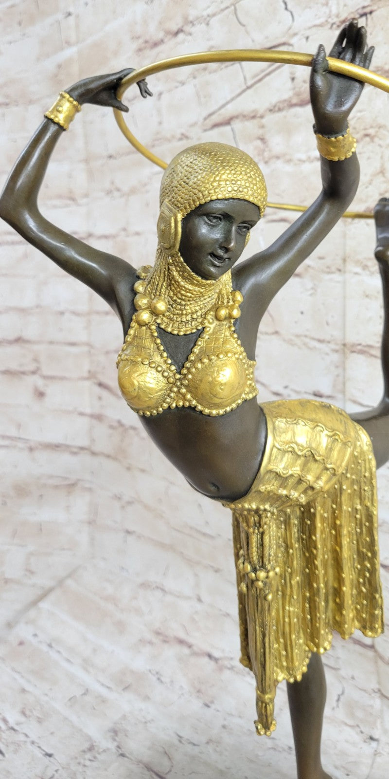 Gold Patina Art Nouveau Ring Dancer Bronze Sculpture Marble Base Figurine