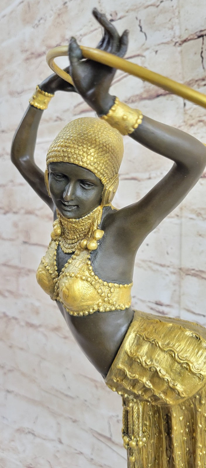 Gold Patina Art Nouveau Ring Dancer Bronze Sculpture Marble Base Figurine