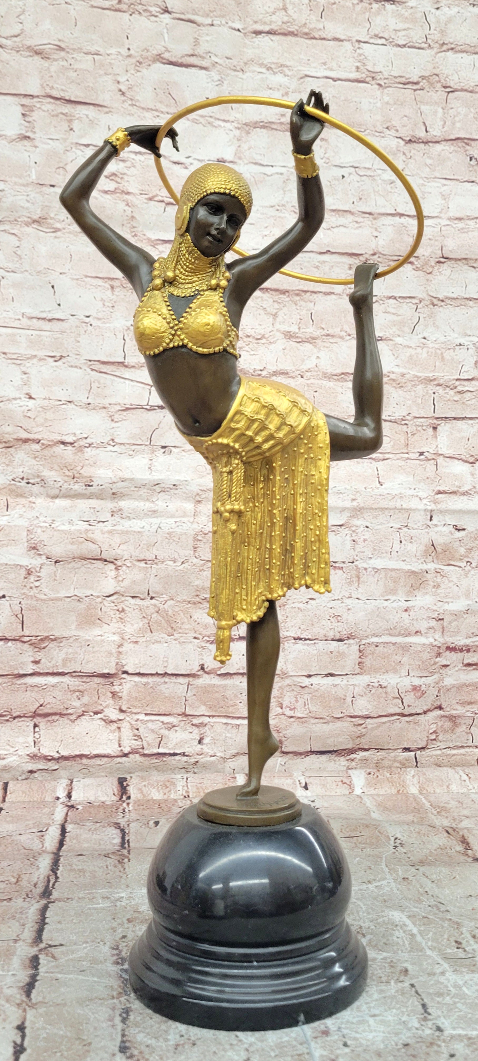 Gold Patina Art Nouveau Ring Dancer Bronze Sculpture Marble Base Figurine