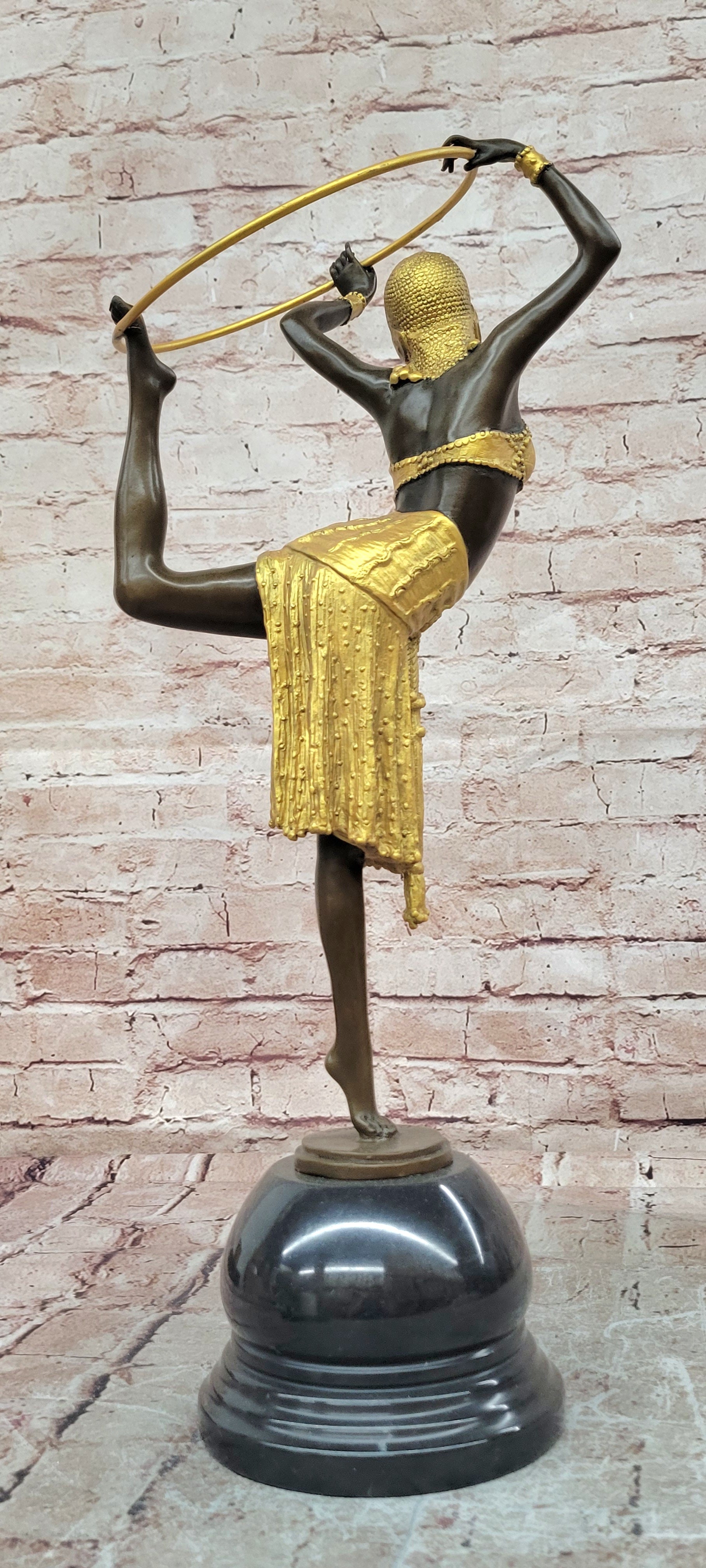 Gold Patina Art Nouveau Ring Dancer Bronze Sculpture Marble Base Figurine