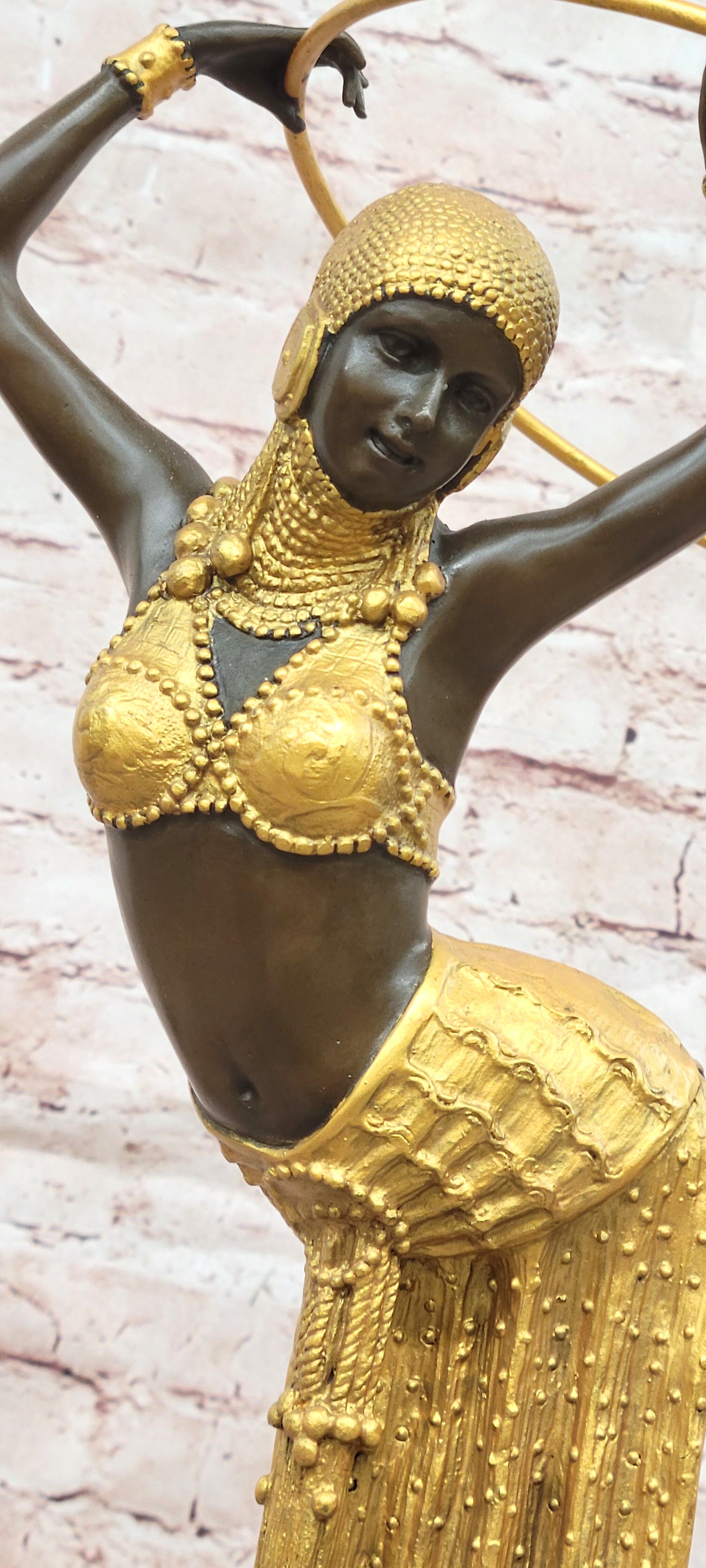 Gold Patina Art Nouveau Ring Dancer Bronze Sculpture Marble Base Figurine