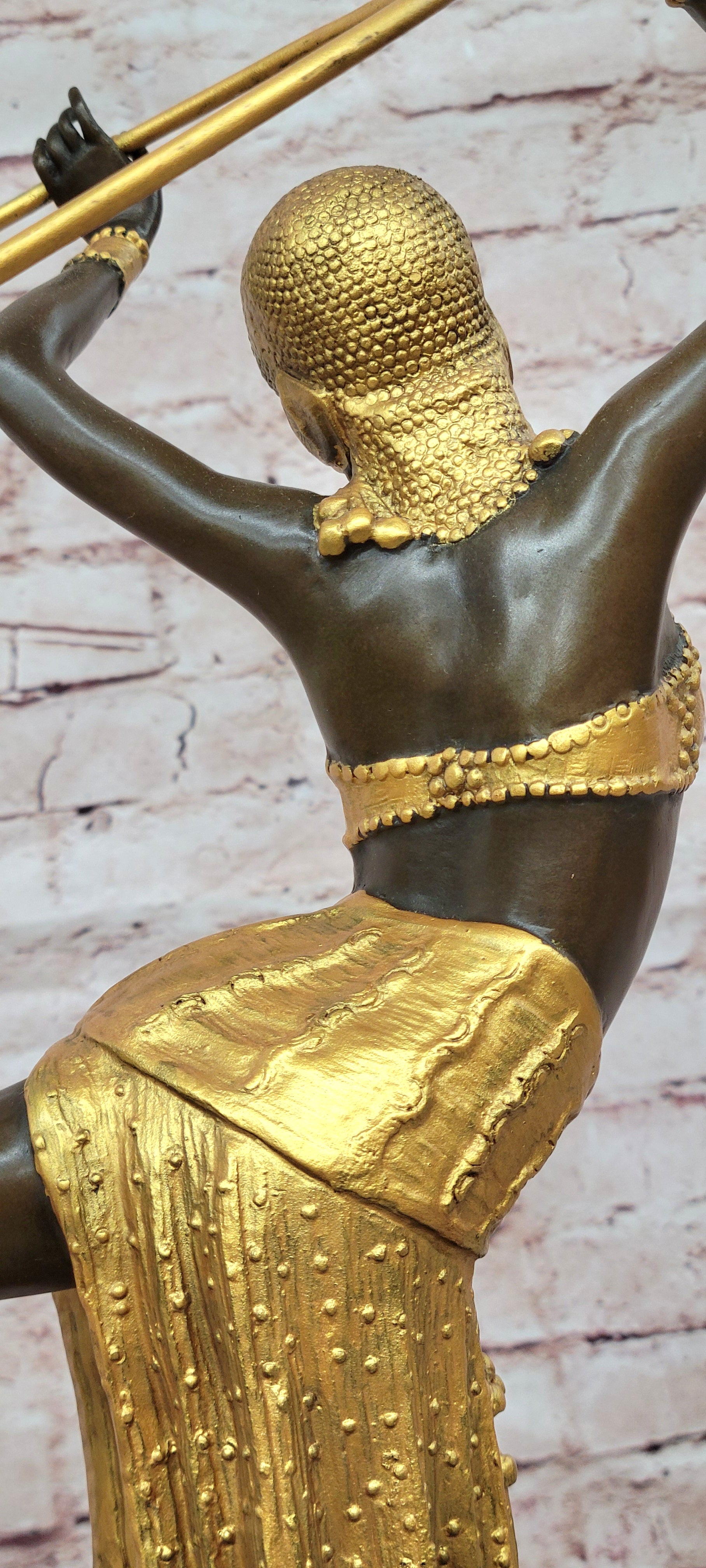 Gold Patina Art Nouveau Ring Dancer Bronze Sculpture Marble Base Figurine