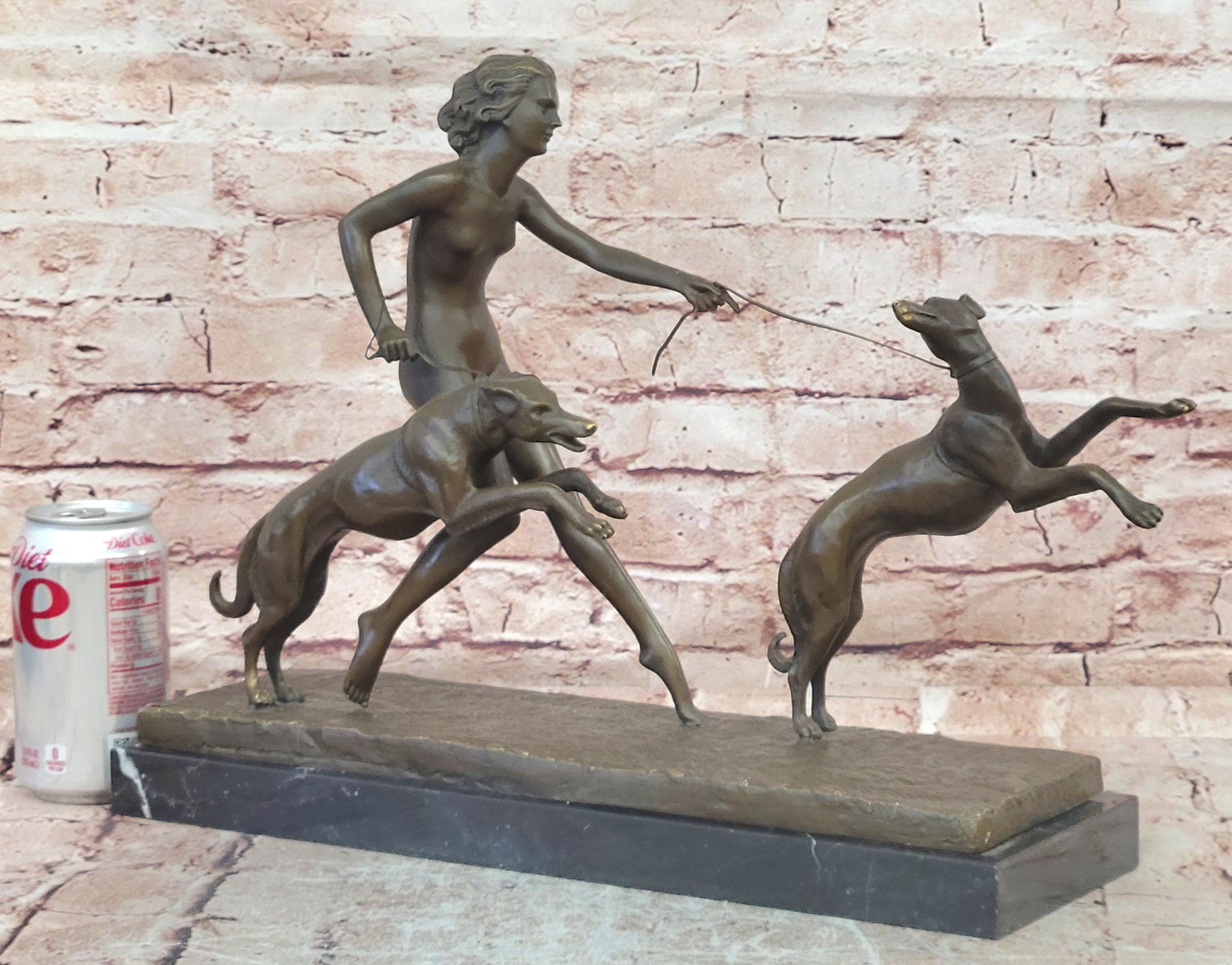 Large "A. Bouraine - The Hunt" Art Deco Bronze Figurine On Black Marble Base NR