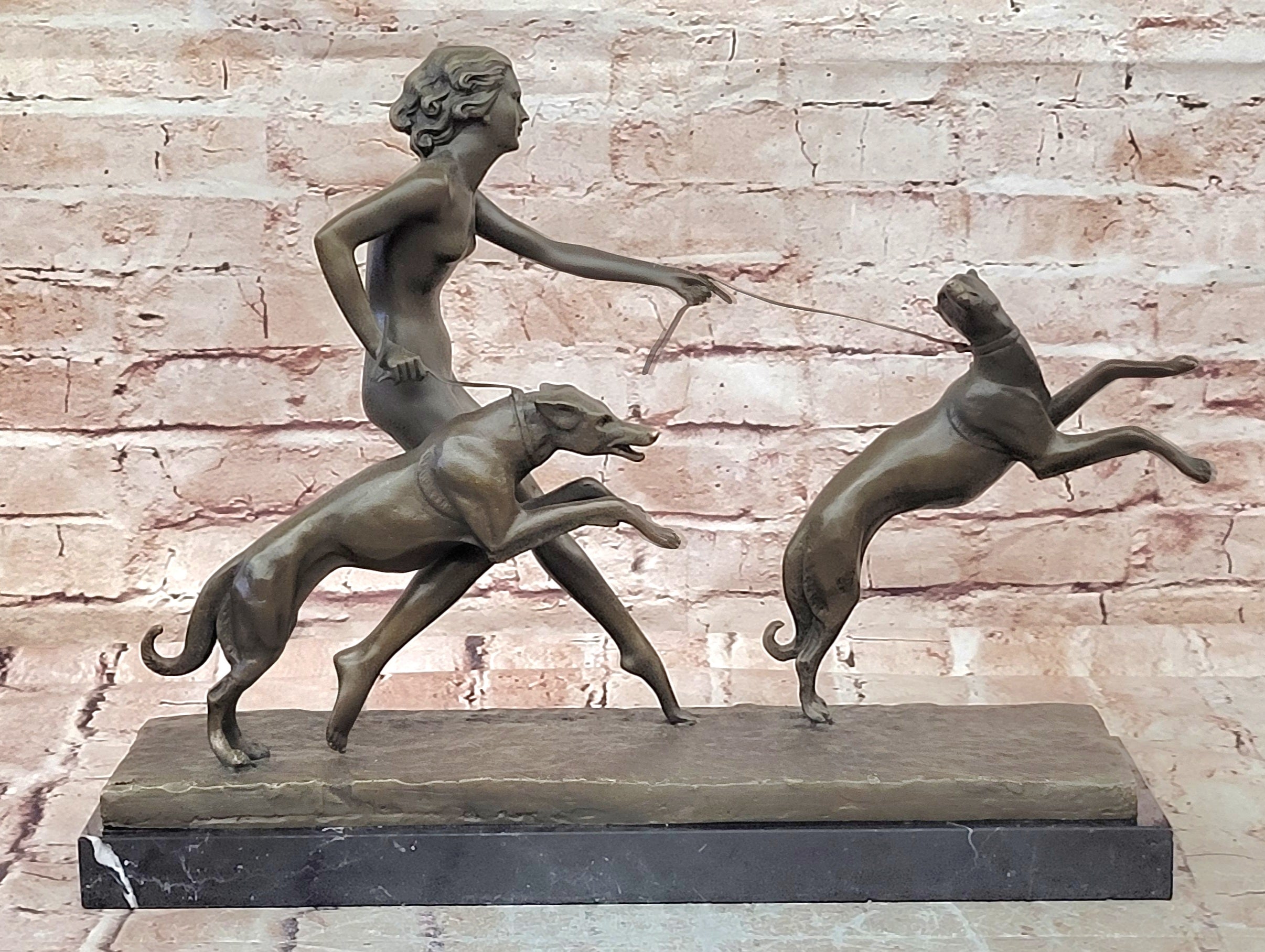 Large "A. Bouraine - The Hunt" Art Deco Bronze Figurine On Black Marble Base NR