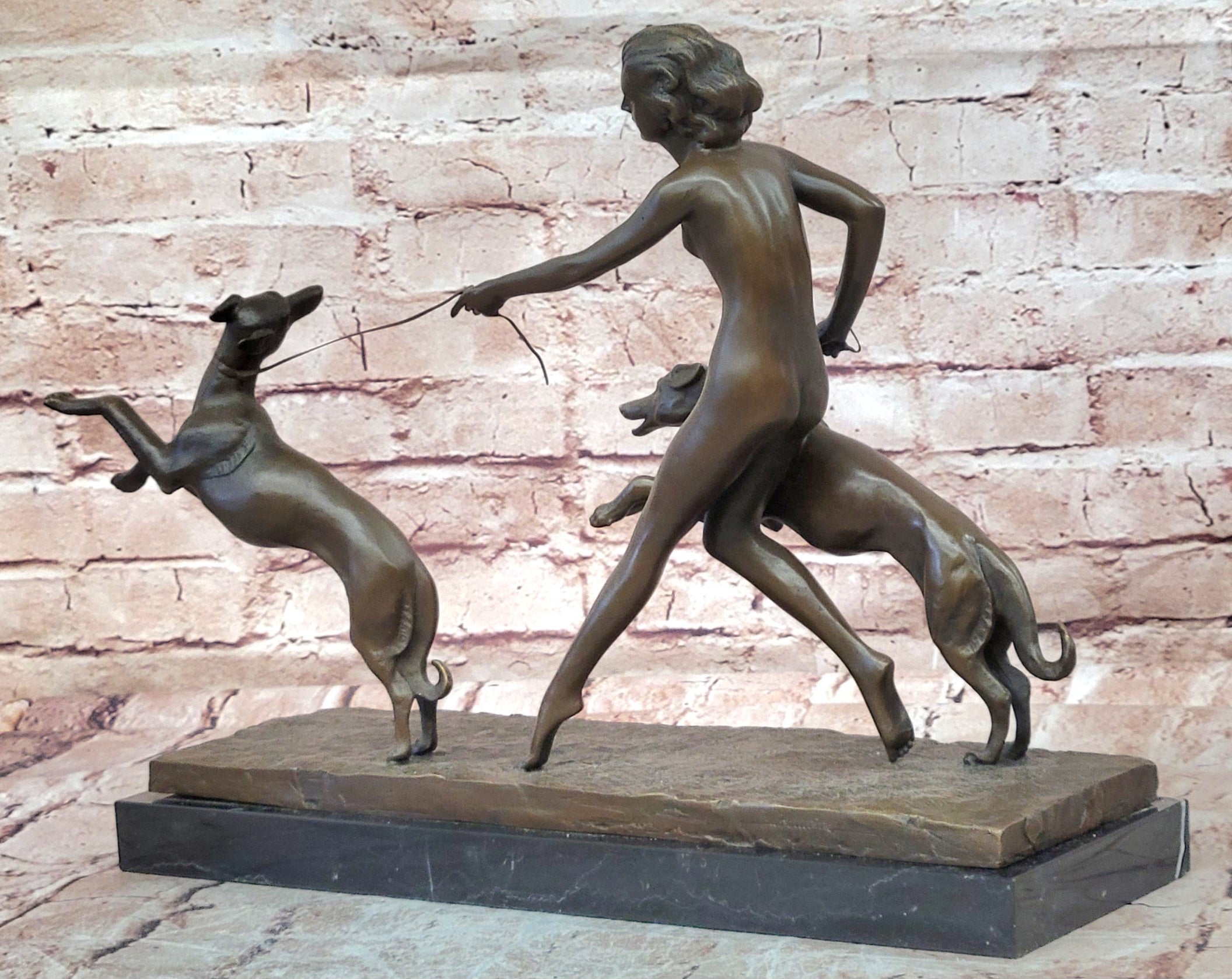 Large "A. Bouraine - The Hunt" Art Deco Bronze Figurine On Black Marble Base NR