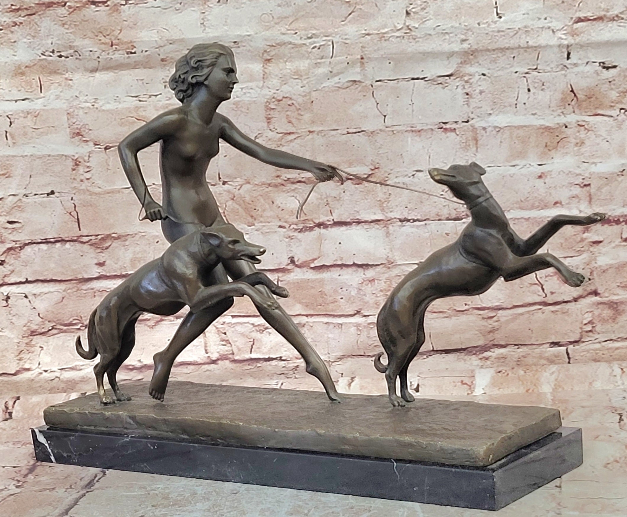 Large "A. Bouraine - The Hunt" Art Deco Bronze Figurine On Black Marble Base NR