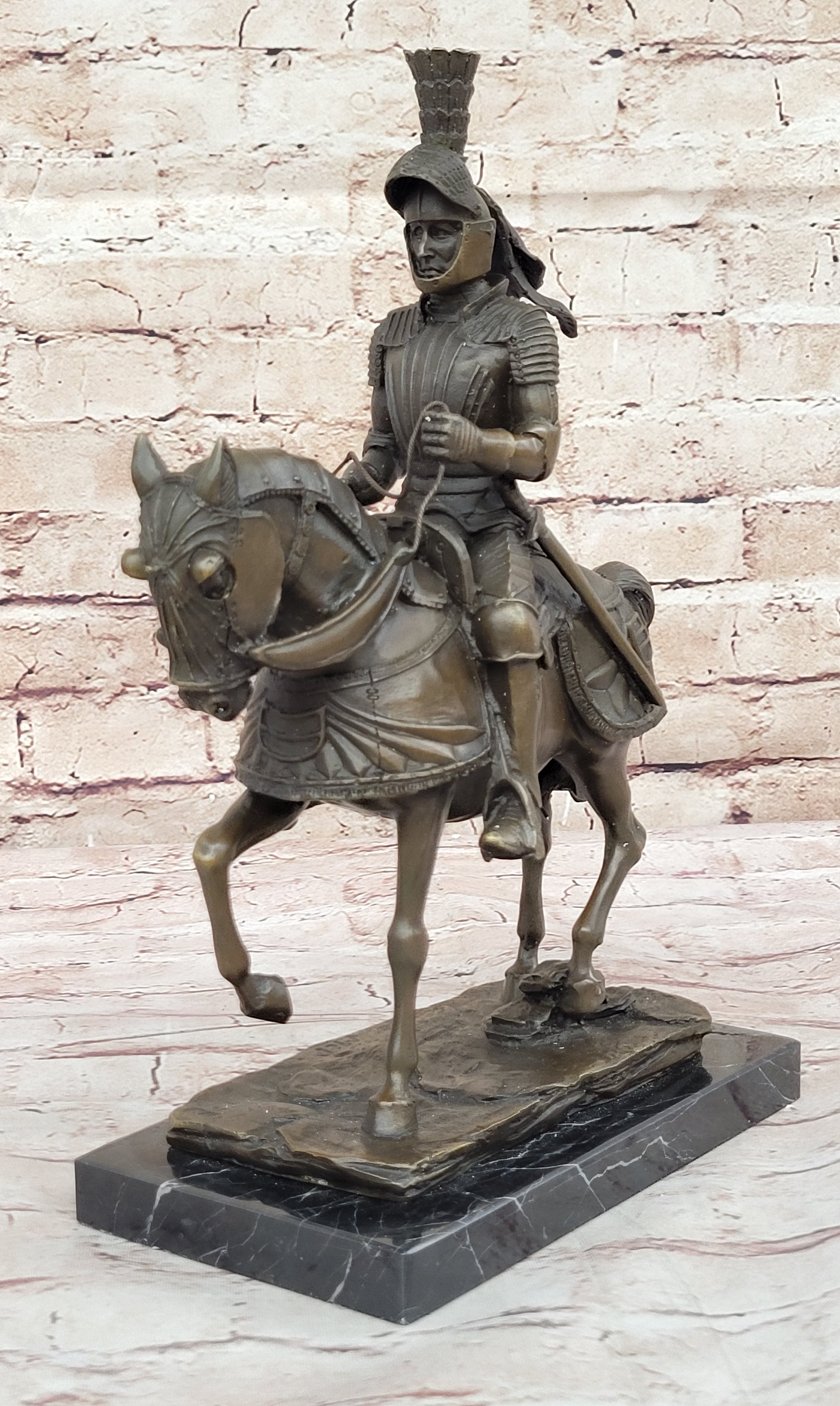 Bronze Sculpture Soldier Medieval Knight Armor Riding Horse Souvenirs Statue Art