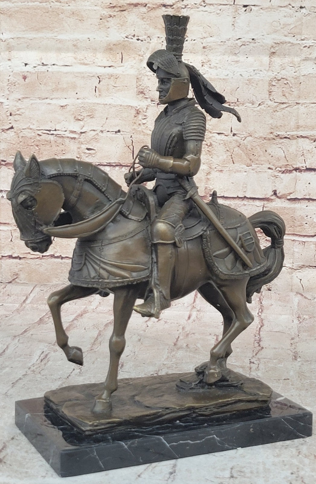 Bronze Sculpture Soldier Medieval Knight Armor Riding Horse Souvenirs Statue Art