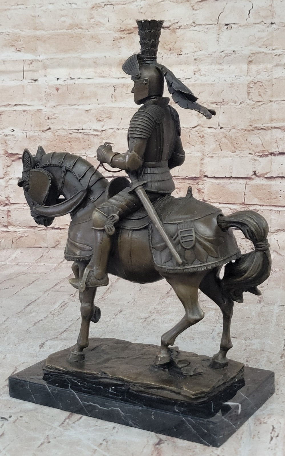 Bronze Sculpture Soldier Medieval Knight Armor Riding Horse Souvenirs Statue Art