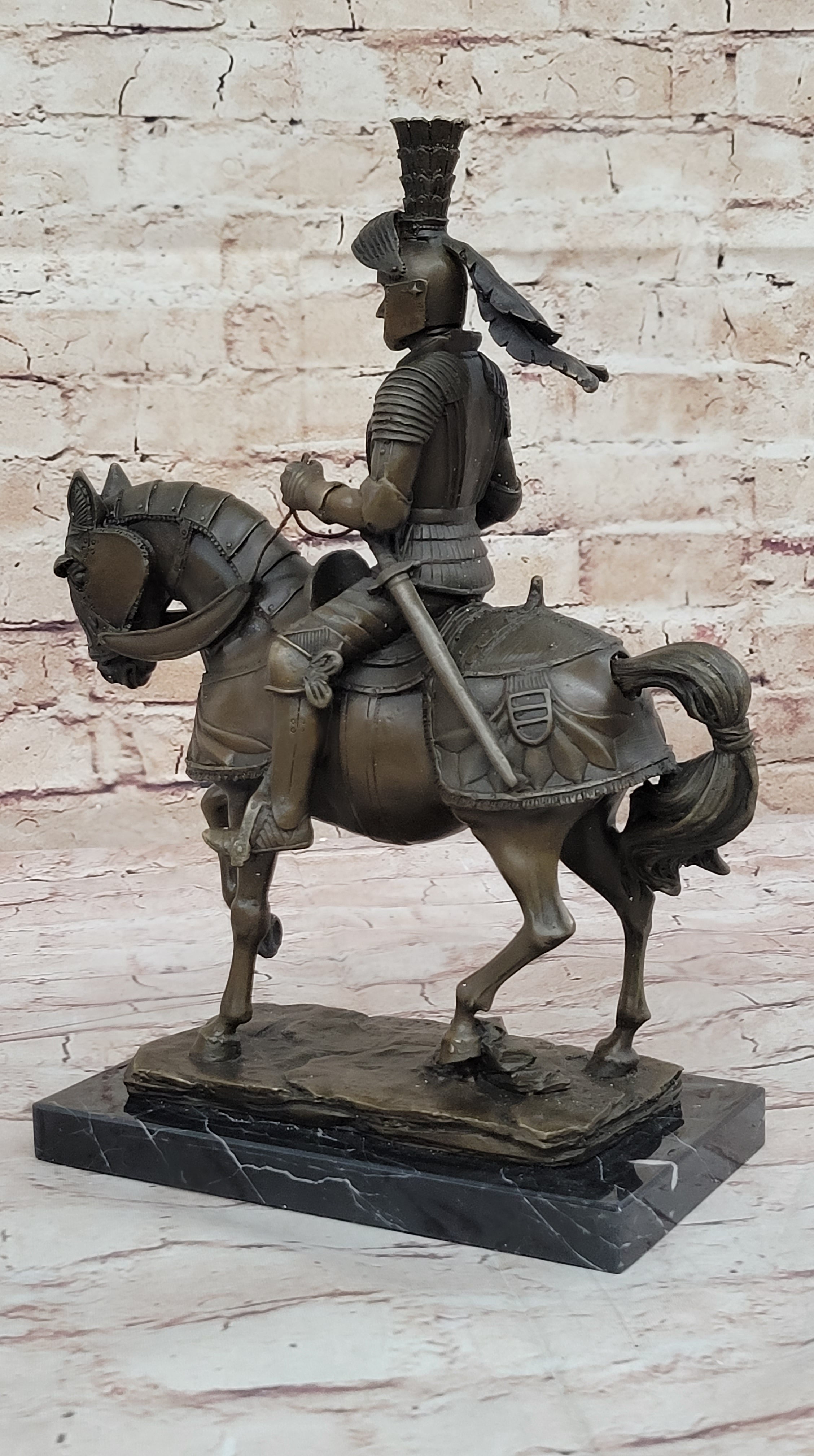 Bronze Sculpture Soldier Medieval Knight Armor Riding Horse Souvenirs Statue Art